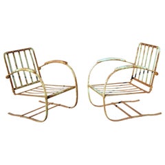 Vintage Art Deco Wrought Iron Green Distress Paint Patio Bouncer Lounge Chairs, a Pair