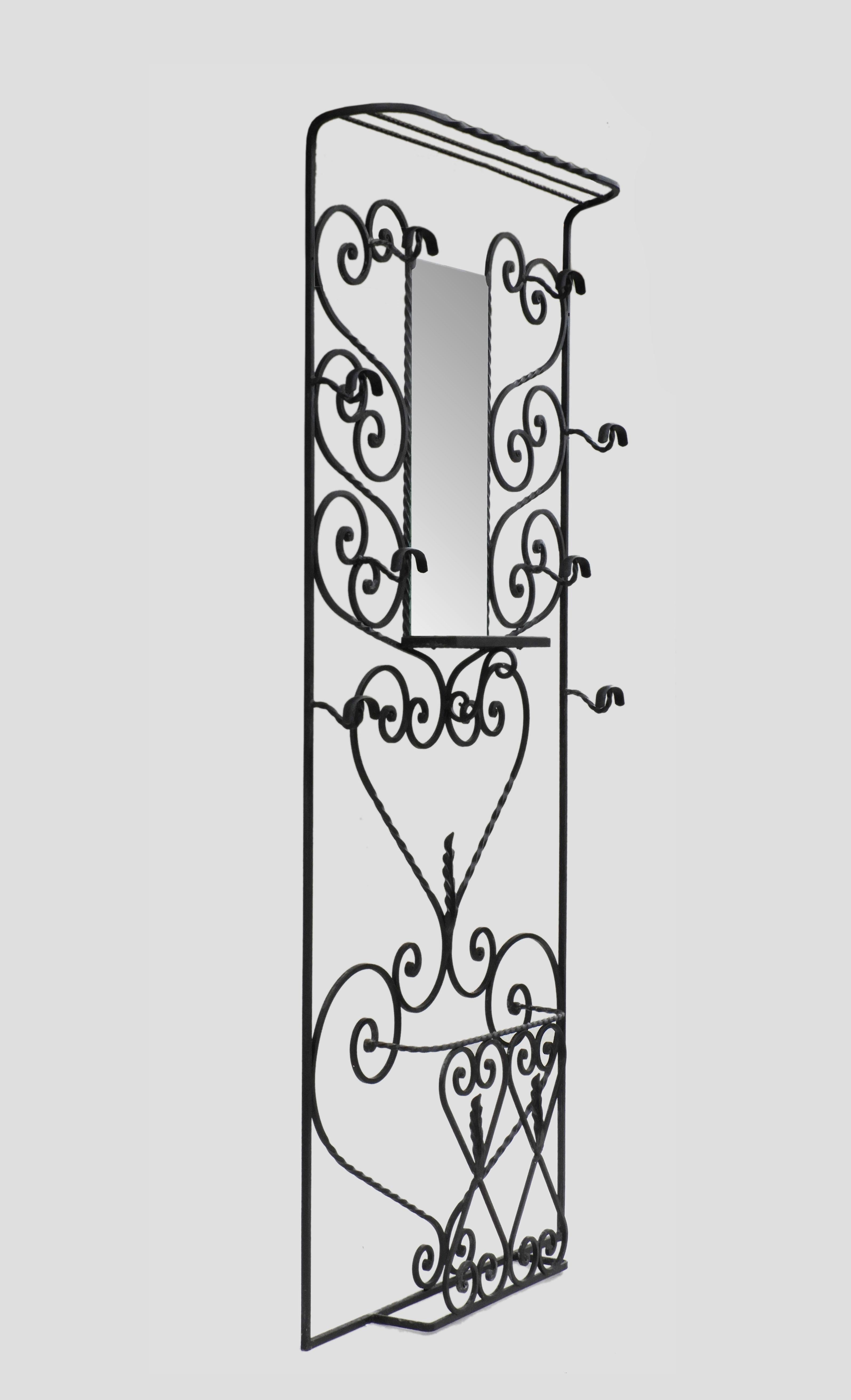 European Art Deco Wrought Iron Hall Stand with Ceramic Detailing, C1930s, France