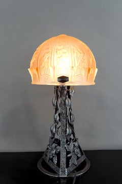 Art Deco Wrought Iron Lamp and Glass Dome, by Bartelemie, France, Circa 1925