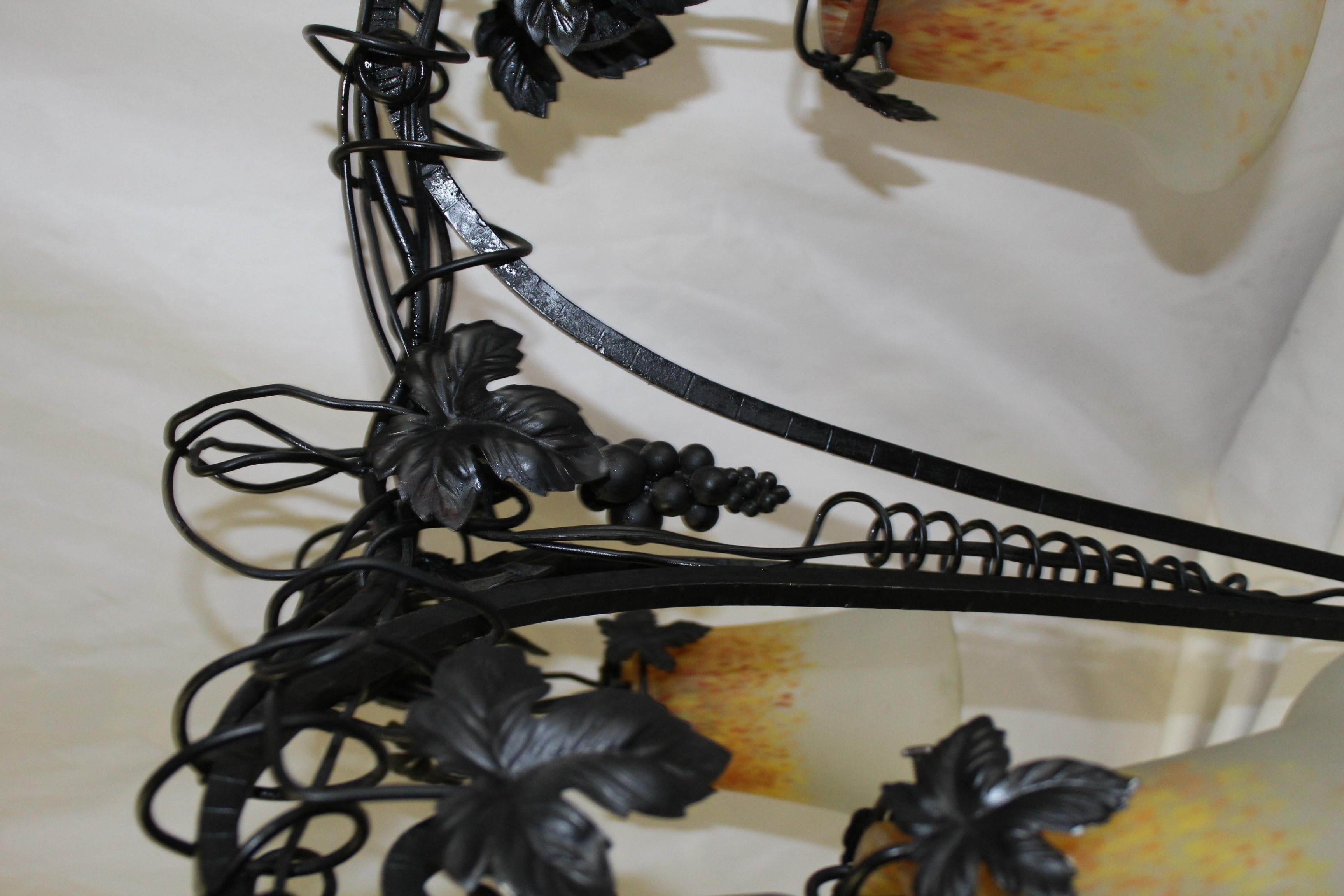 Forged Art Deco Wrought Iron Lamp, Art Glass Shades from the Original Design For Sale