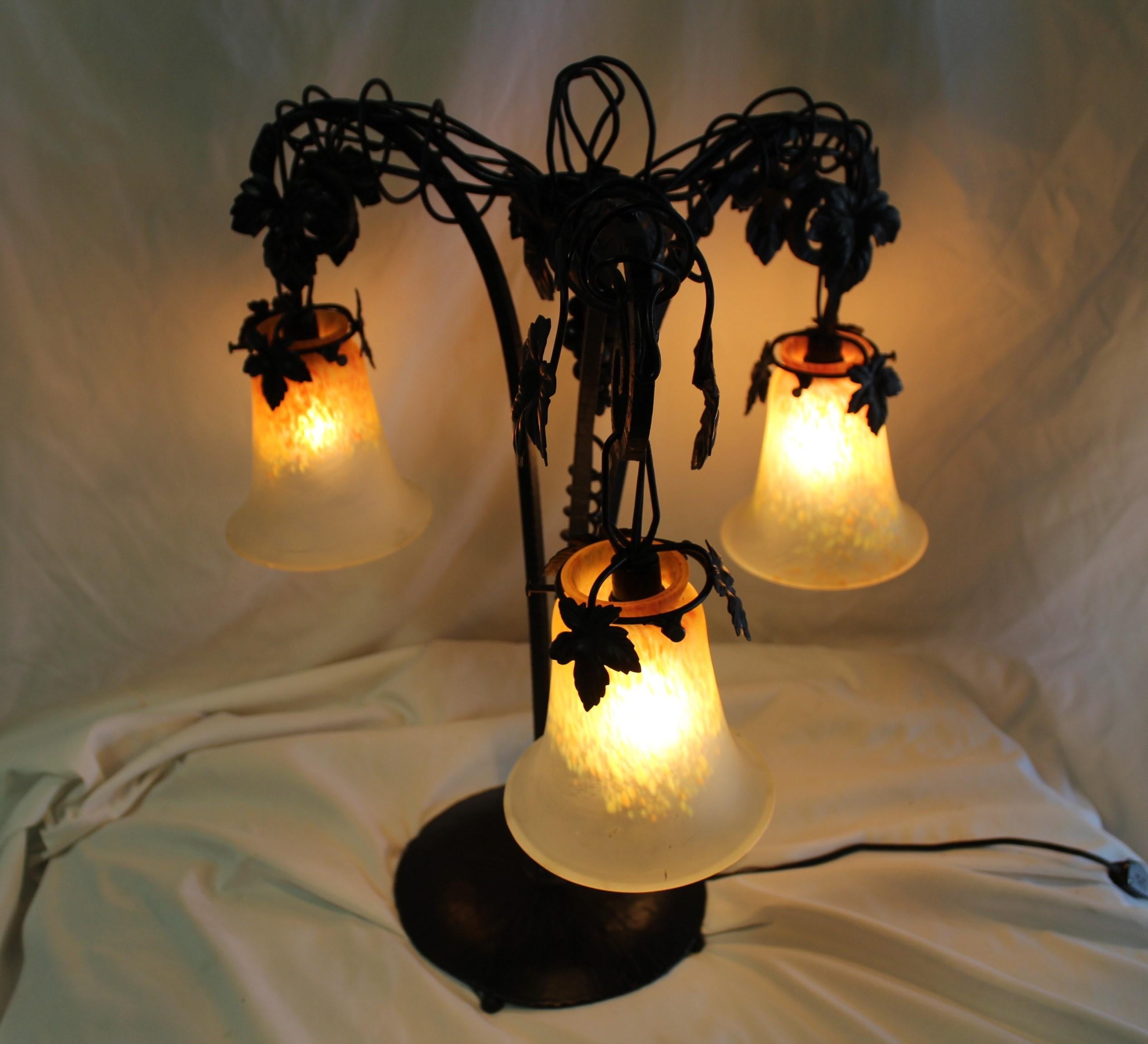 Art Deco Wrought Iron Lamp, Art Glass Shades from the Original Design In Good Condition For Sale In Los Angeles, CA