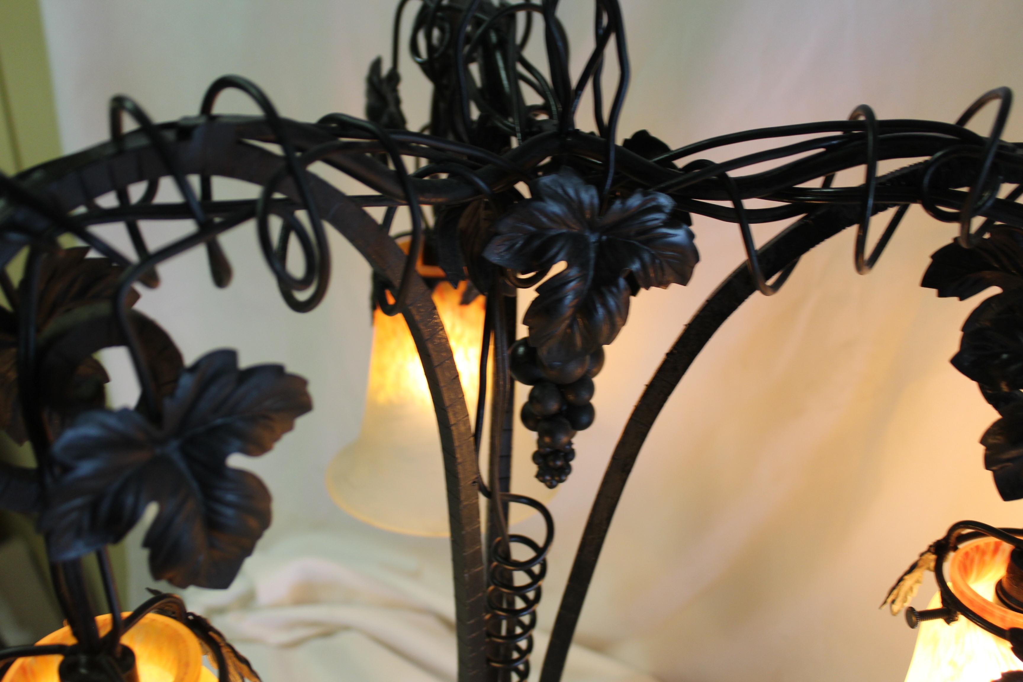 Art Deco Wrought Iron Lamp, Art Glass Shades from the Original Design For Sale 1