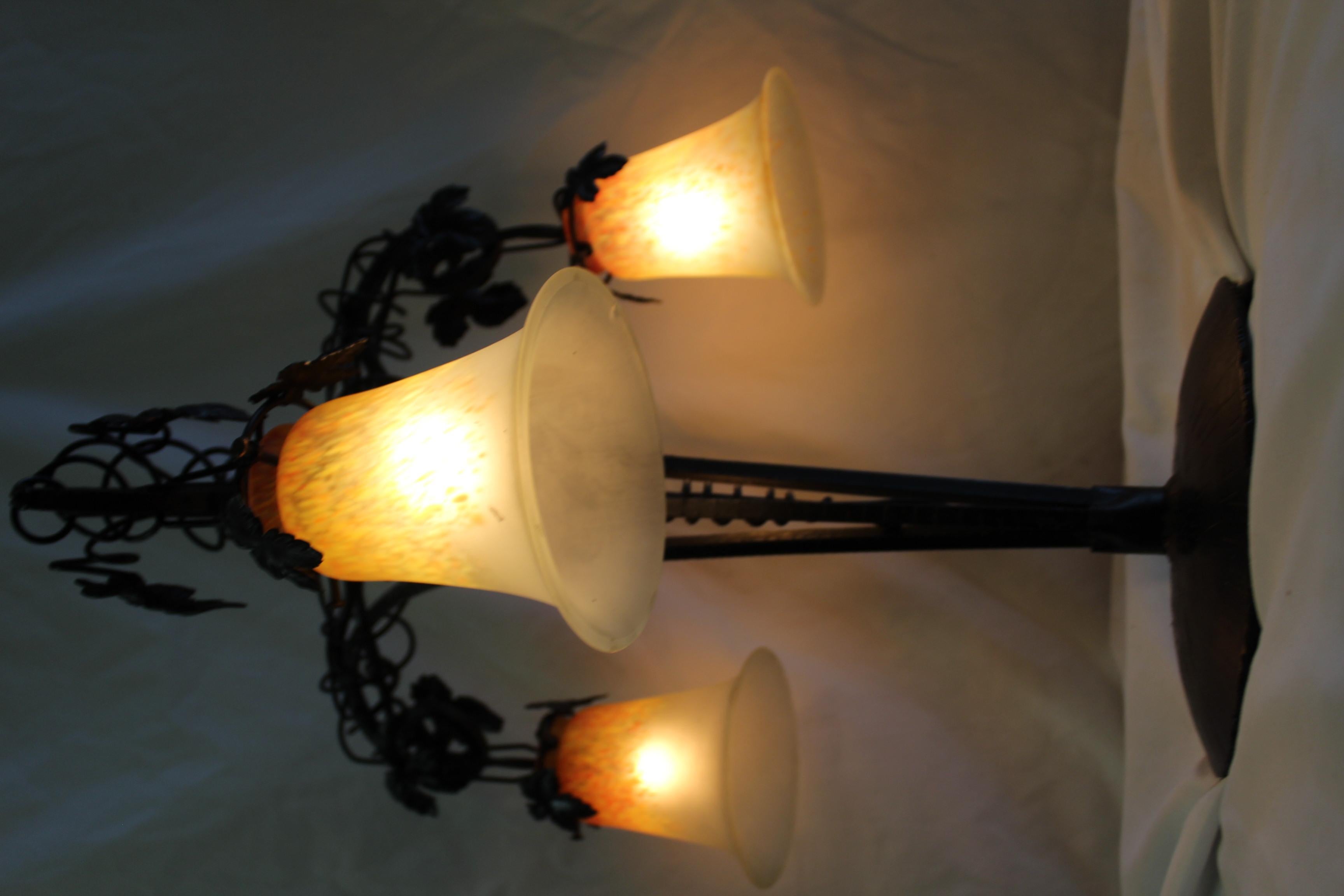 Art Deco Wrought Iron Lamp, Art Glass Shades from the Original Design For Sale 3