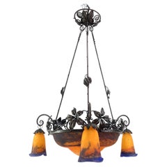 Art Deco wrought iron Lamp by Muller Freres, Luneville Pate de Verre, 1930s