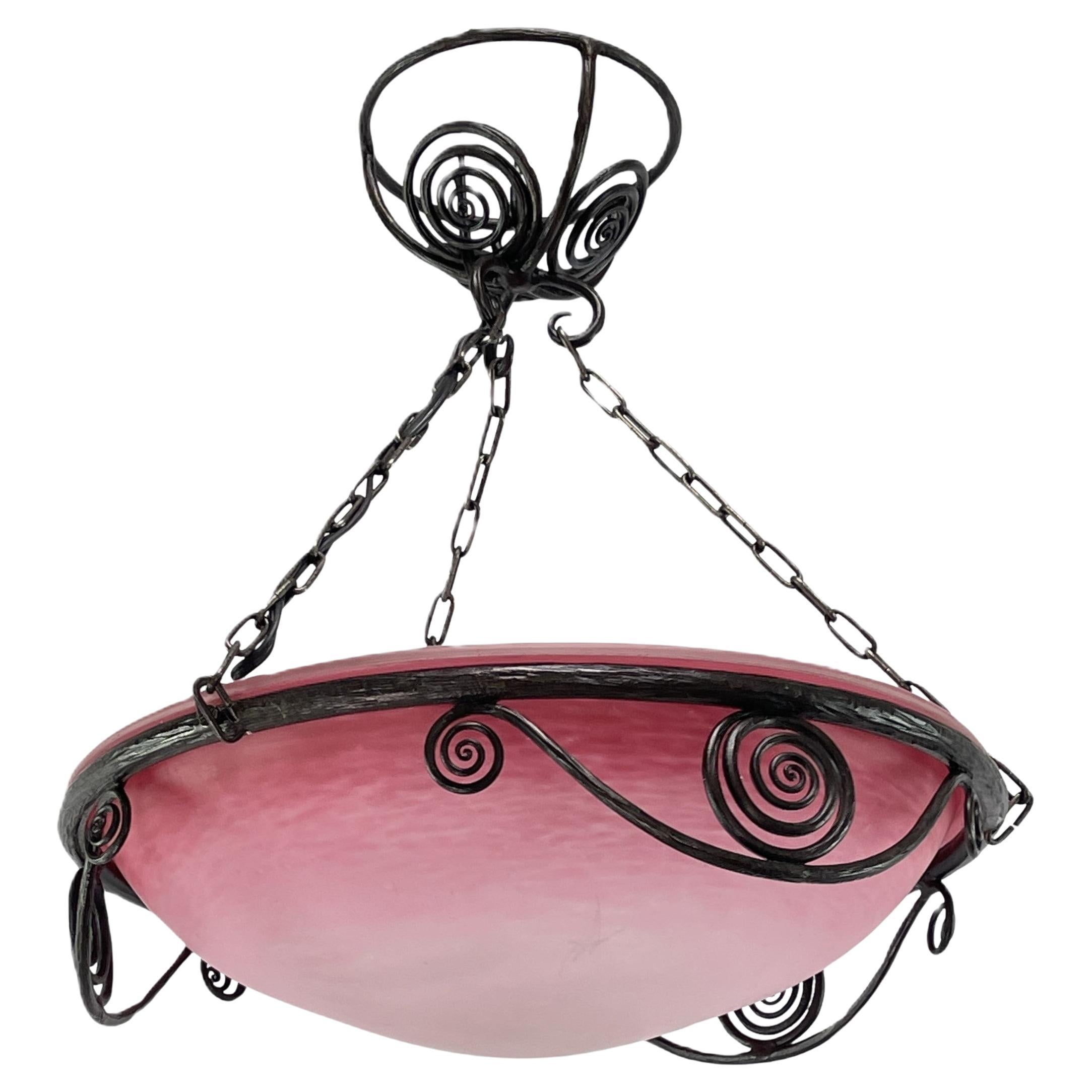 Schmiedeeiserne Lampe im Art déco-Stil von Schneider France Pate de Verre, 1920er Jahre