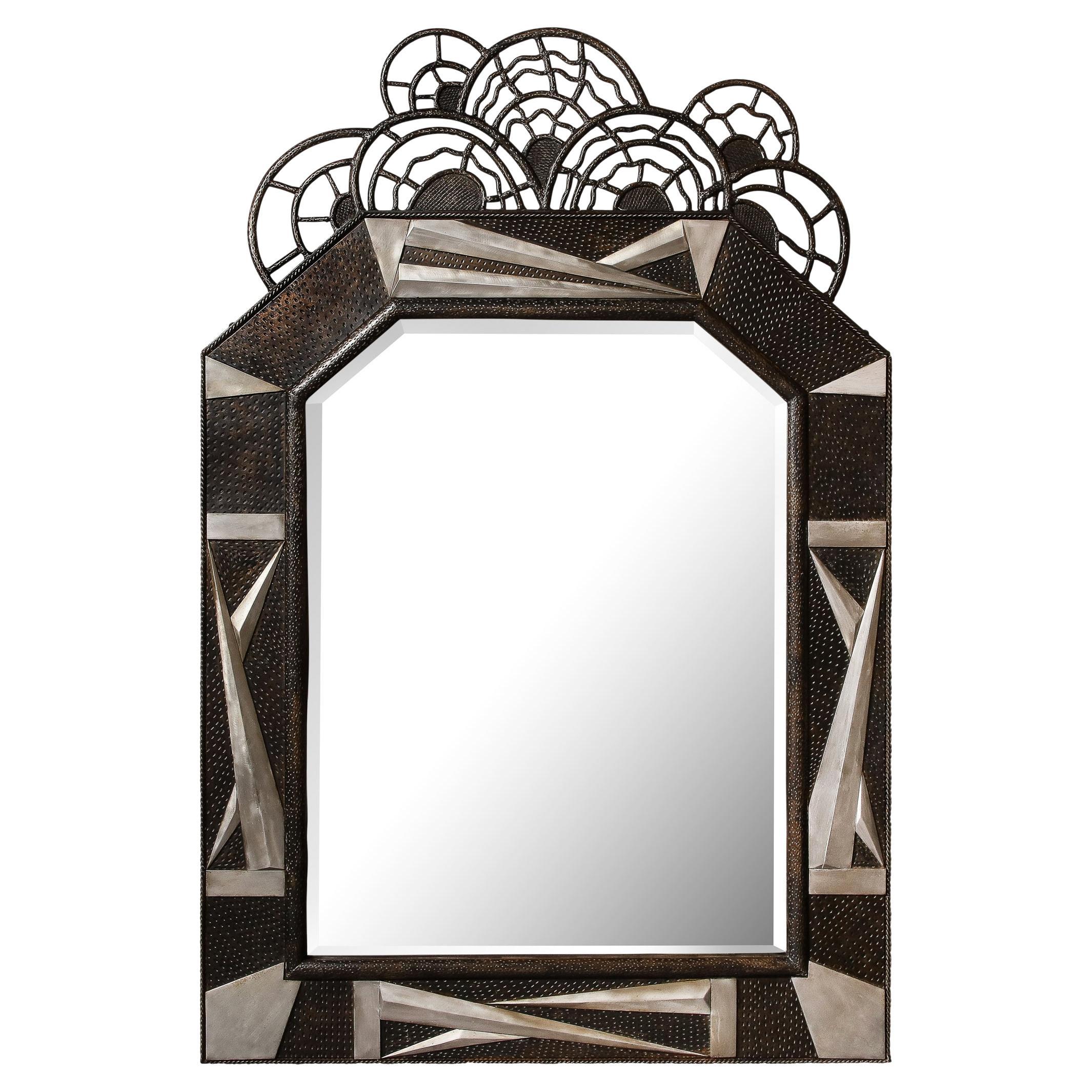 Art Deco Wrought Iron Mirror w/ Stylized Cubist Geometric Detailing  For Sale