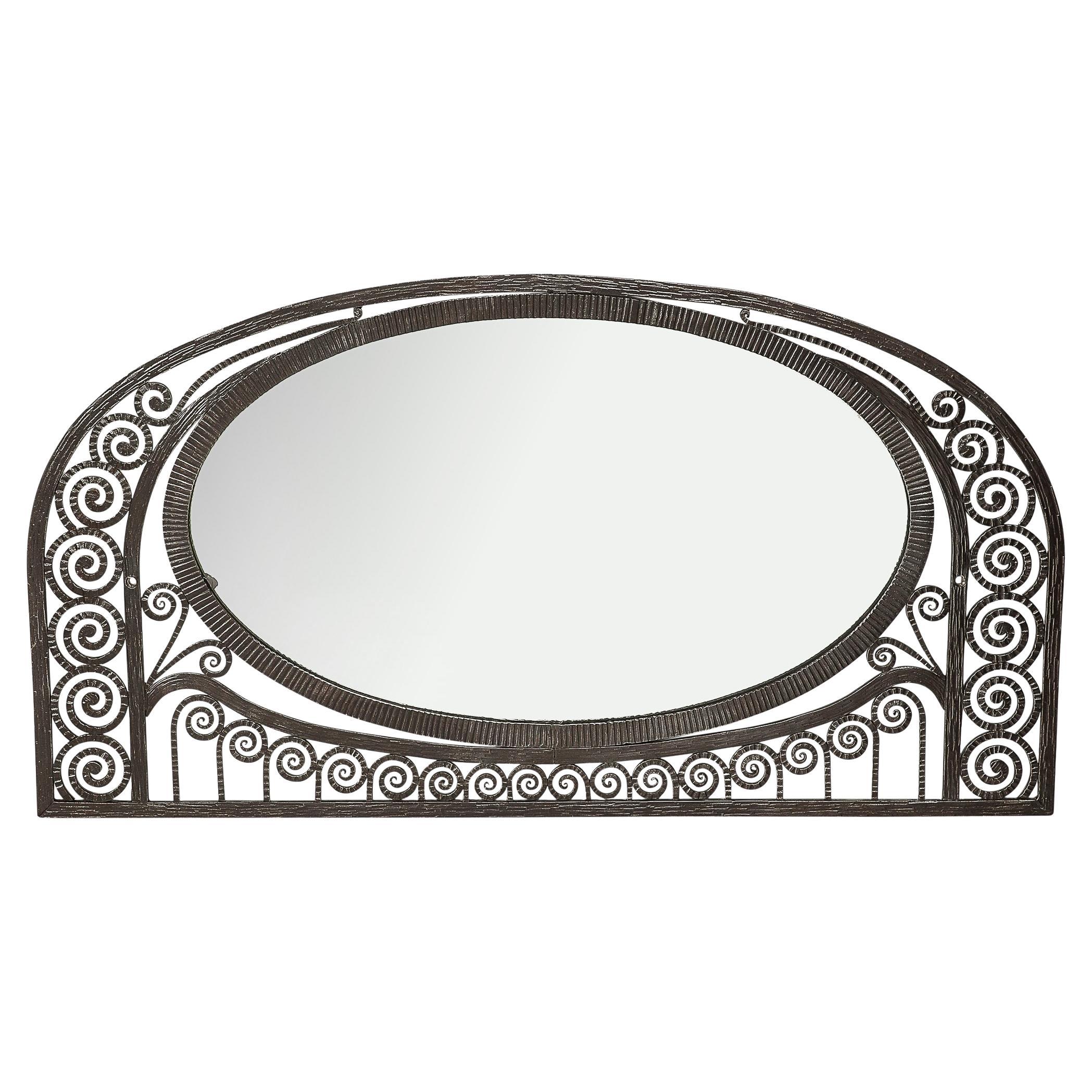 Art Deco Wrought Iron Mirror with Scroll Detailing in the Manner of Edgar Brandt