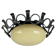 Art Deco Wrought Iron 
Opaline Flush Mount, France 1930s