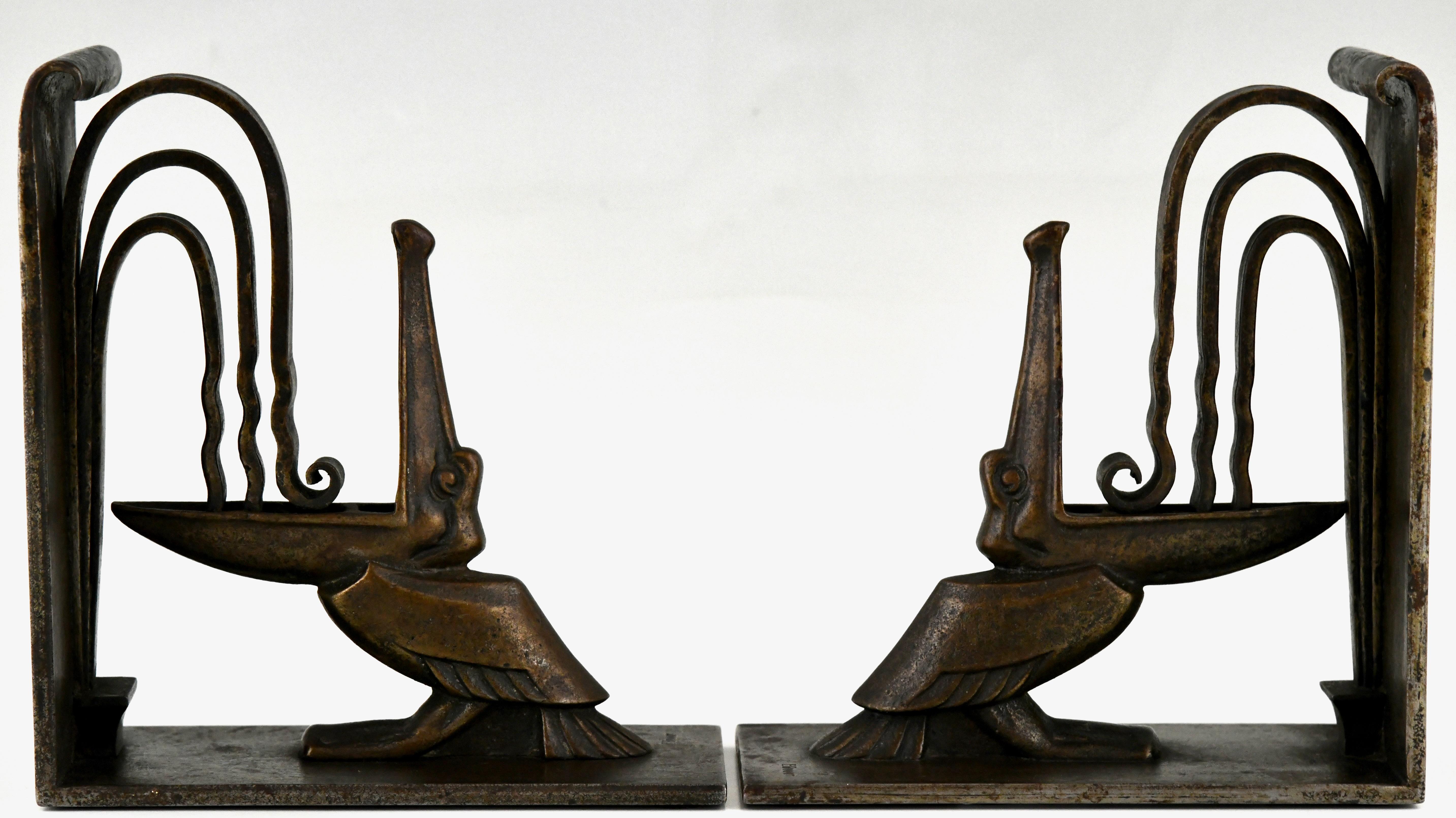 Early 20th Century Art Deco wrought iron pelican bookends by Edgar Brandt  France 1924. For Sale