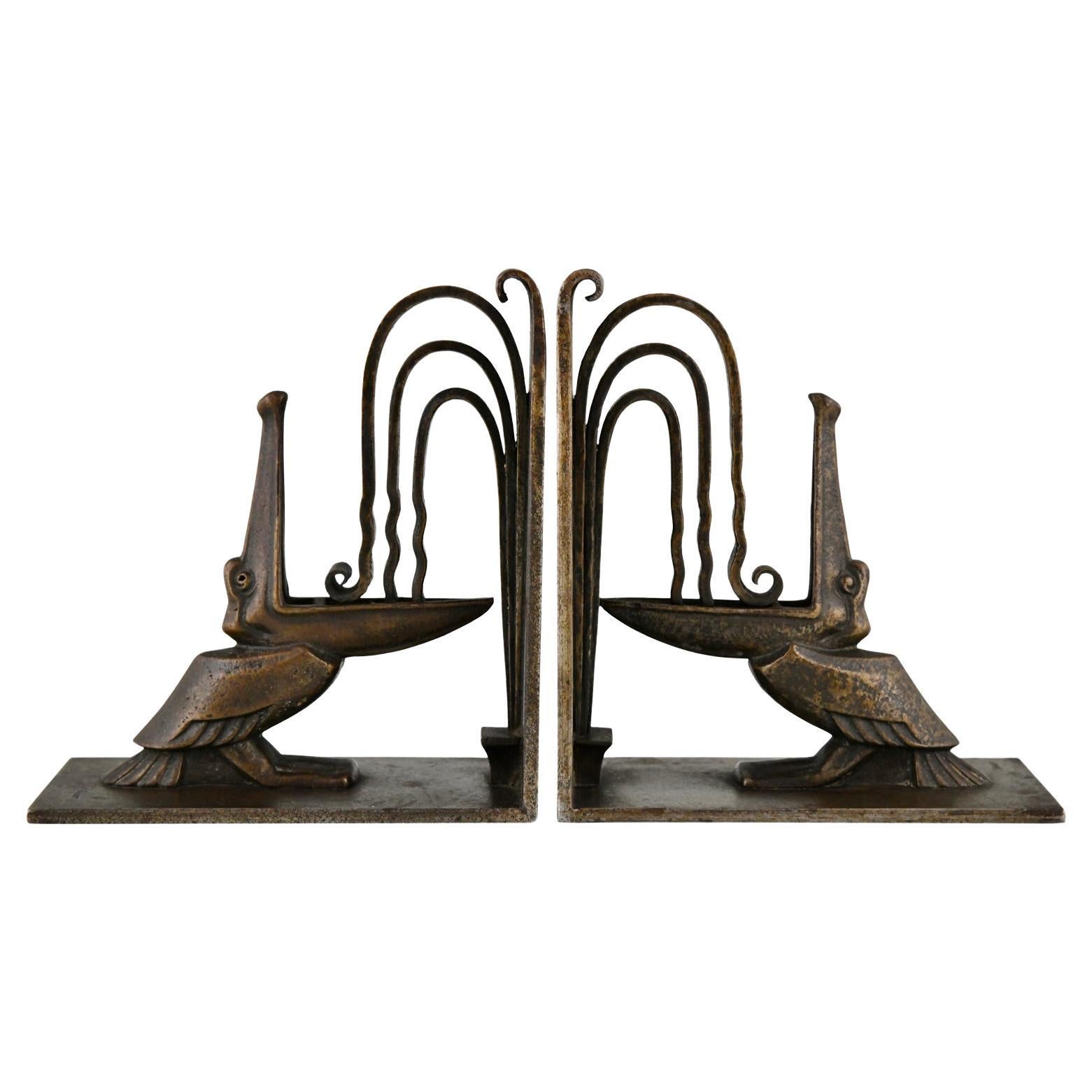 Art Deco wrought iron pelican bookends by Edgar Brandt  France 1924.
