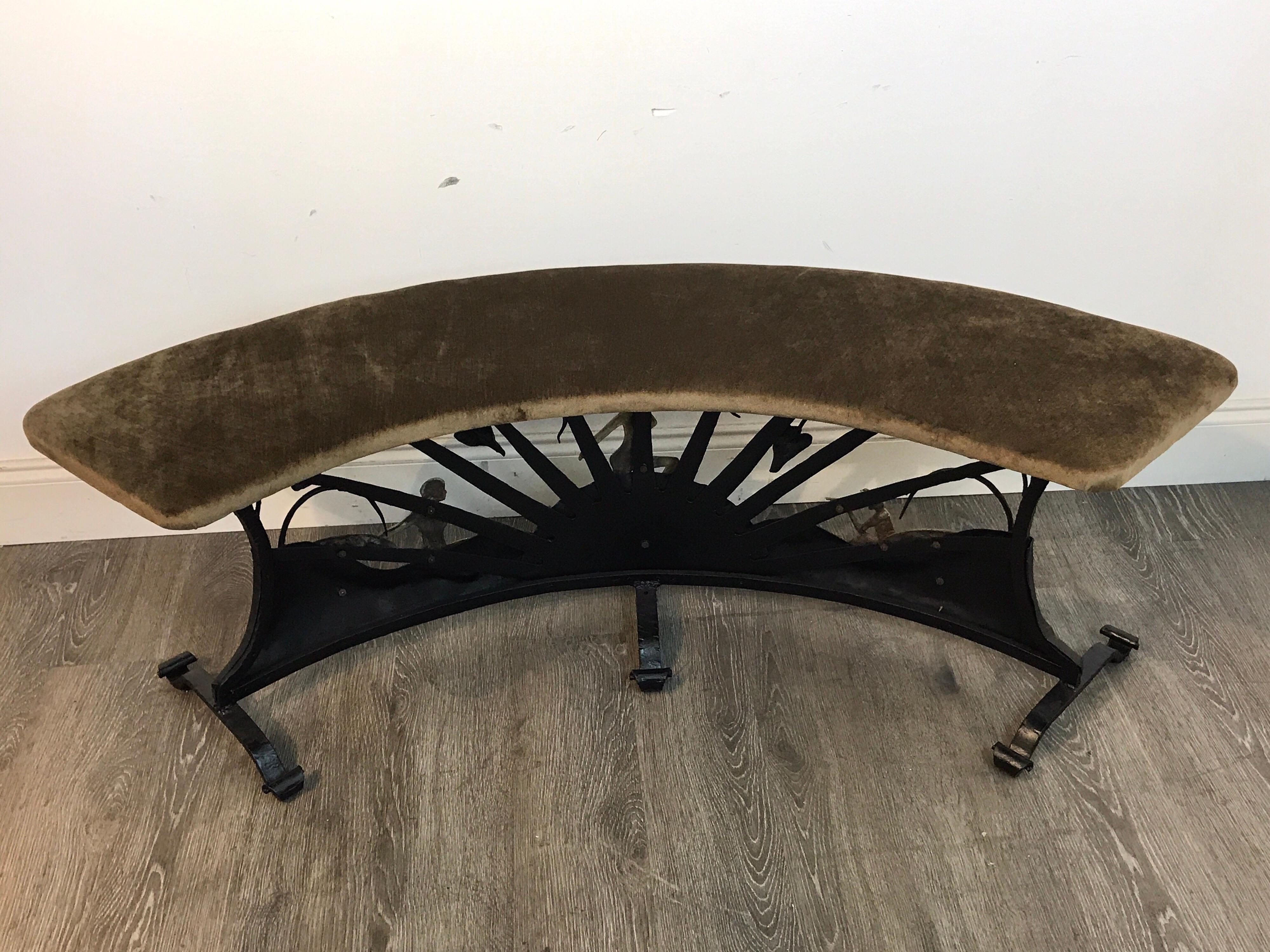 Art Deco Wrought Iron Semi -Circle Fireside Bench, Enchanted Garden Motif 1