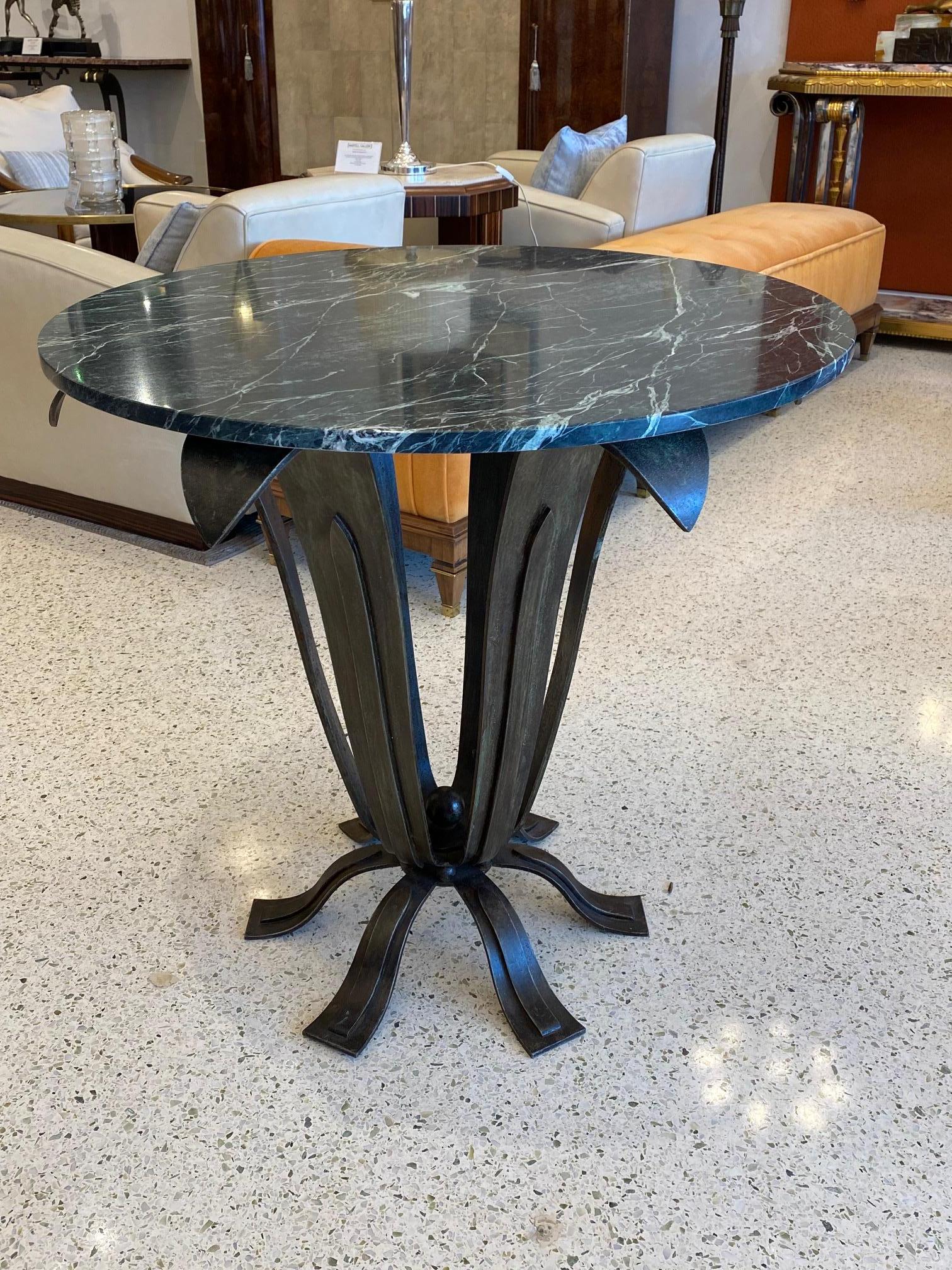 French Art Deco Wrought Iron Table with Marble Top For Sale
