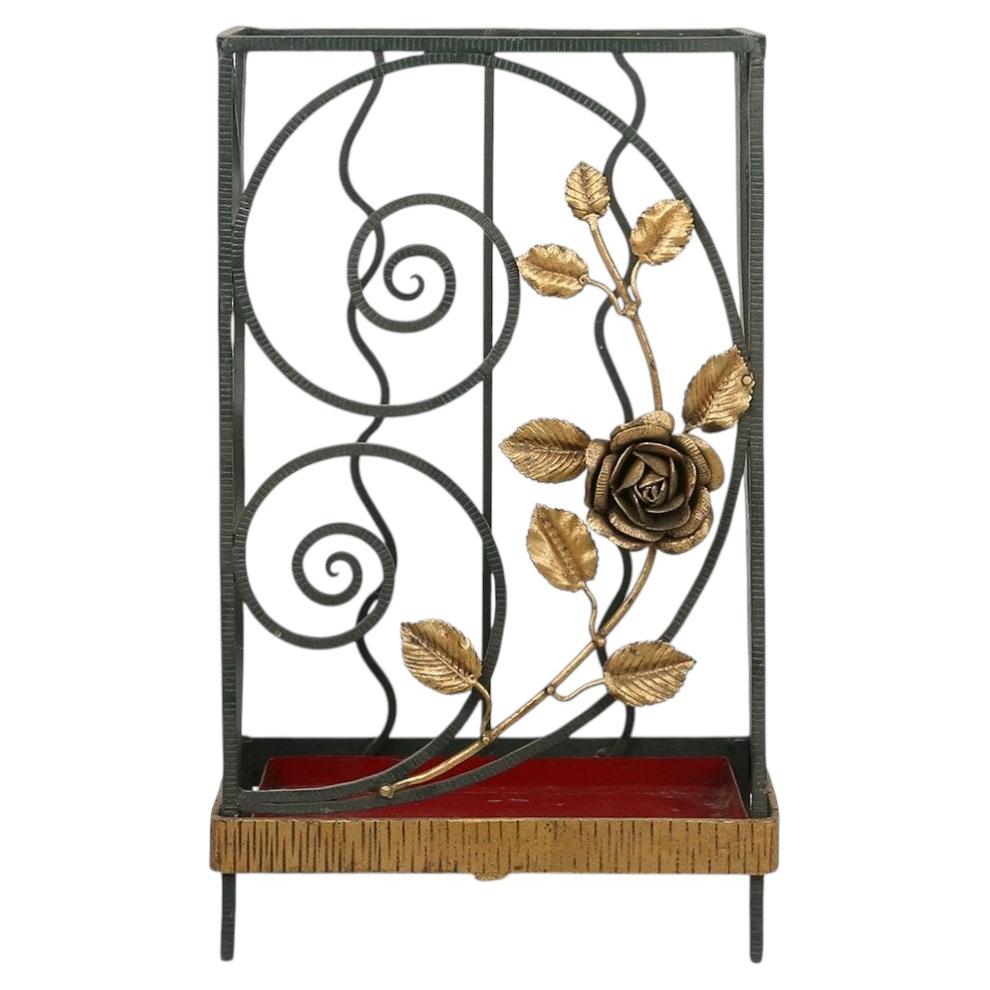 Portaombrelli in ferro battuto Art déco con decorazione floreale, Francia ca. 1930 in vendita