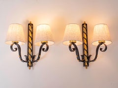 Art Deco Wrought Iron Wall Sconces, Pair of Brass & Metal Sconces, France 1940s