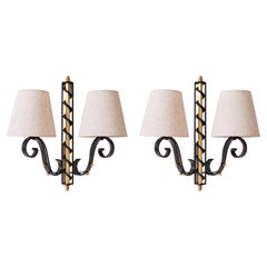 Art Deco Wrought Iron Wall Sconces, Pair of Brass & Metal Sconces, France 1940s