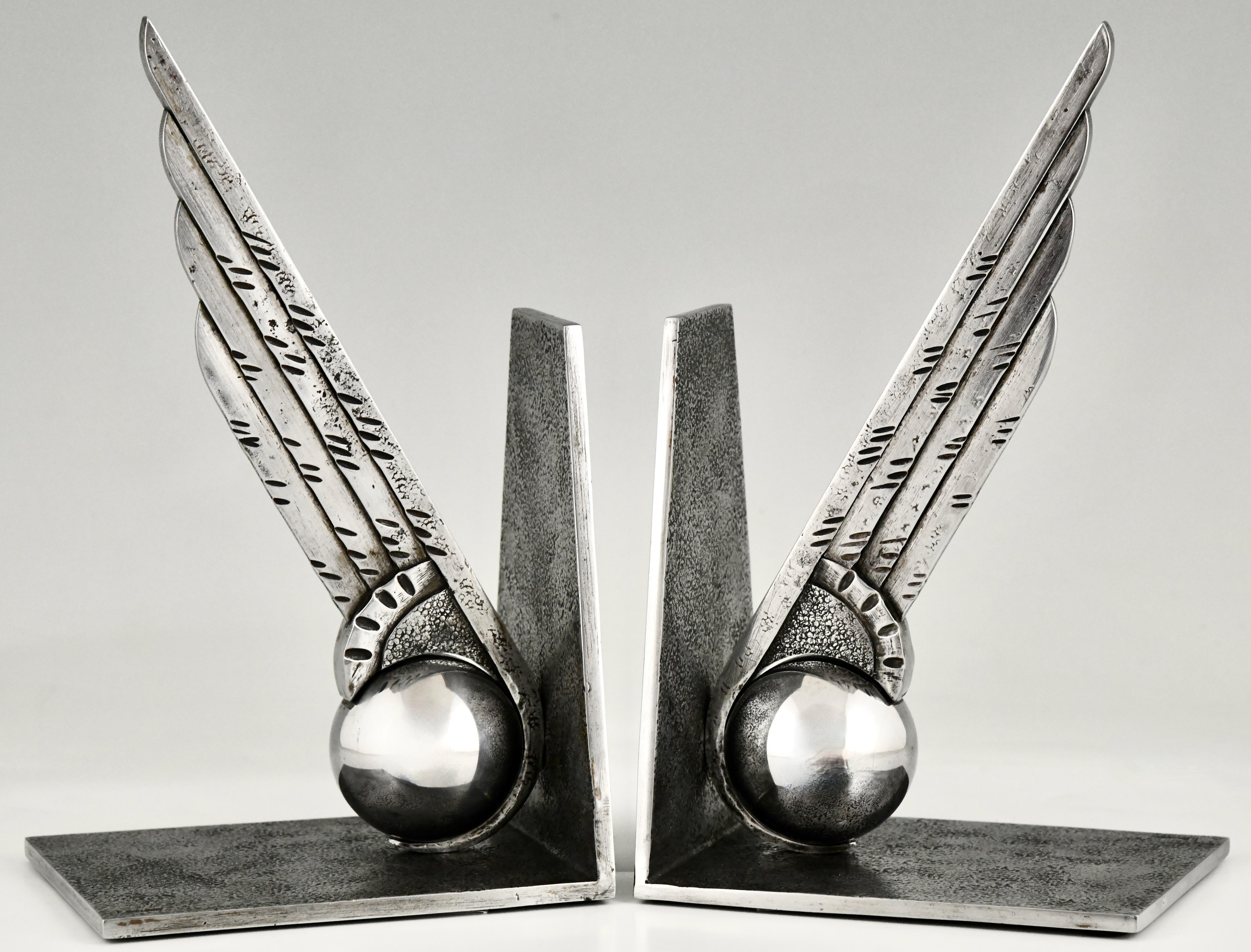 French Art Deco wrought iron wing bookends by Edgar Brandt France 1930 For Sale