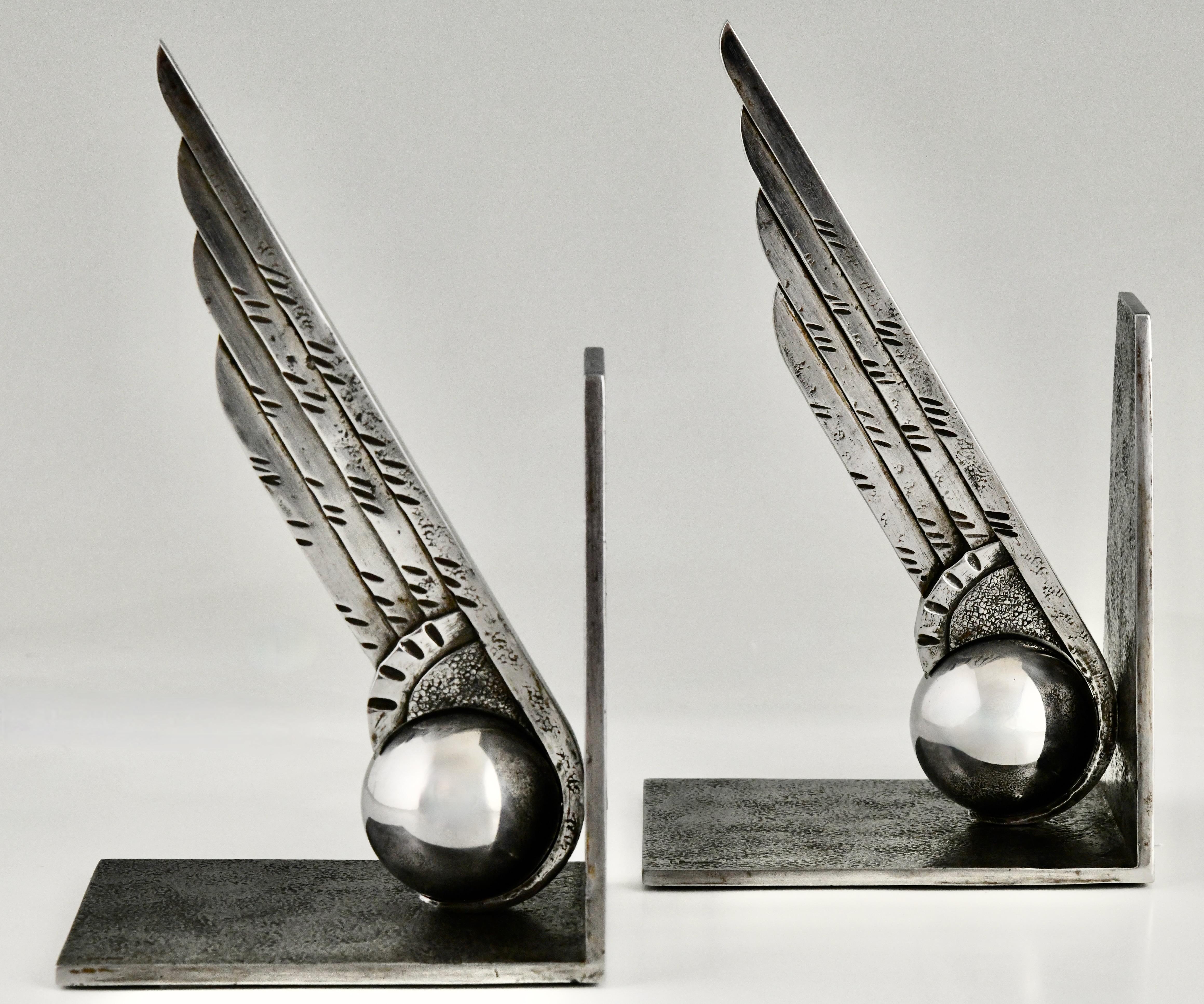 Art Deco wrought iron wing bookends by Edgar Brandt France 1930 For Sale 2