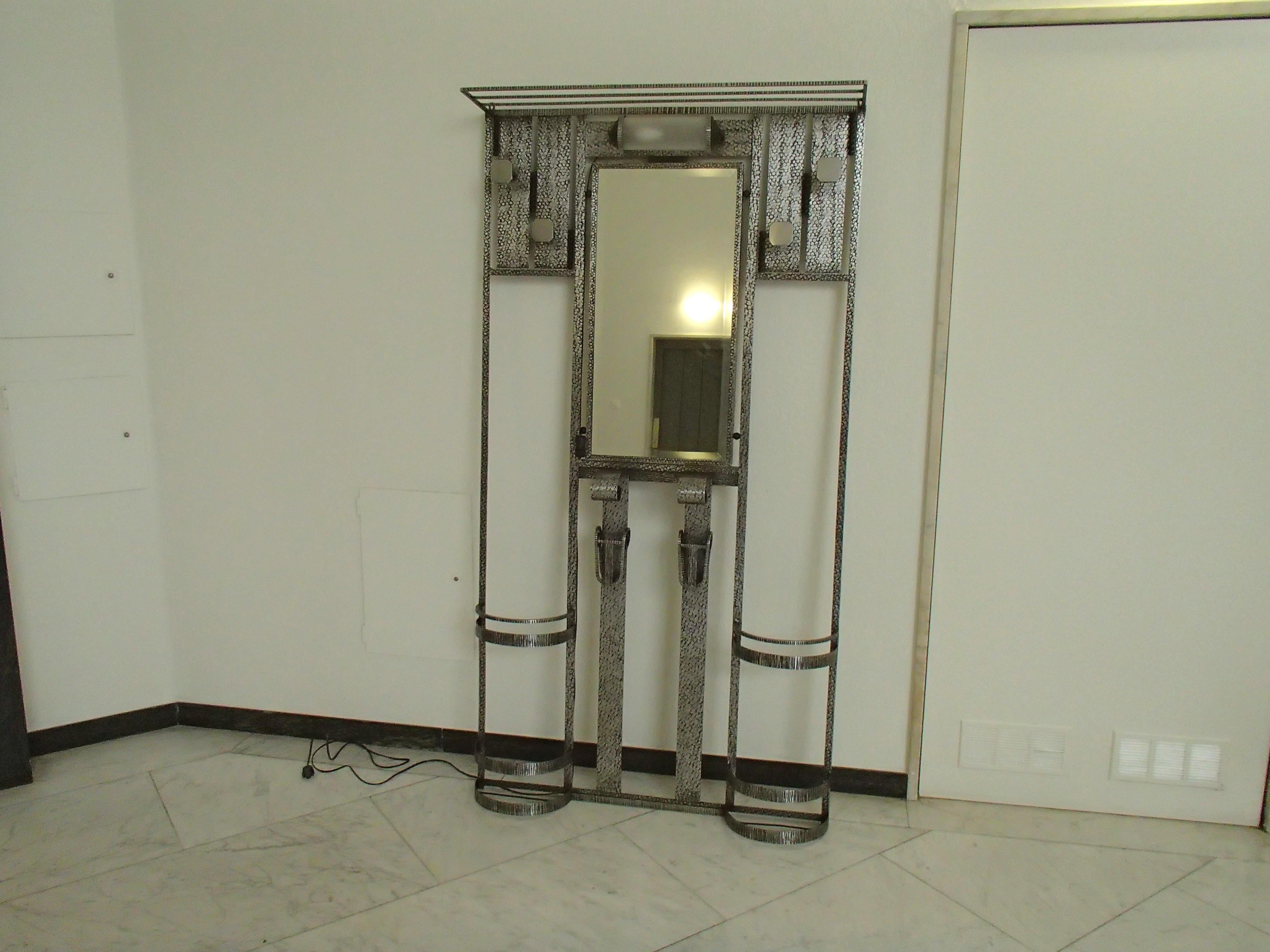 Art Deco wrouth iron wardrobe with mirror and light For Sale 9