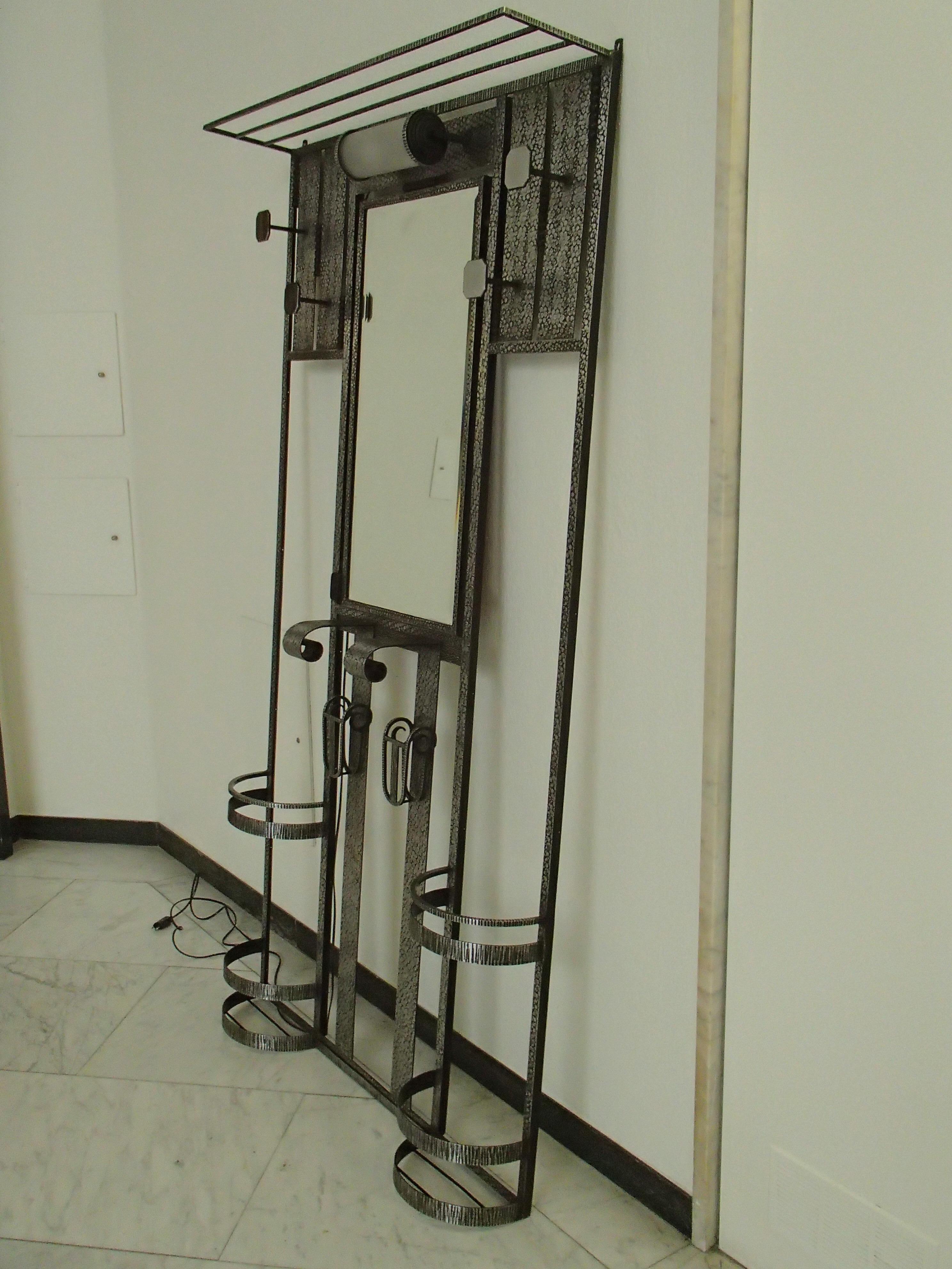 French Art Deco wrouth iron wardrobe with mirror and light For Sale
