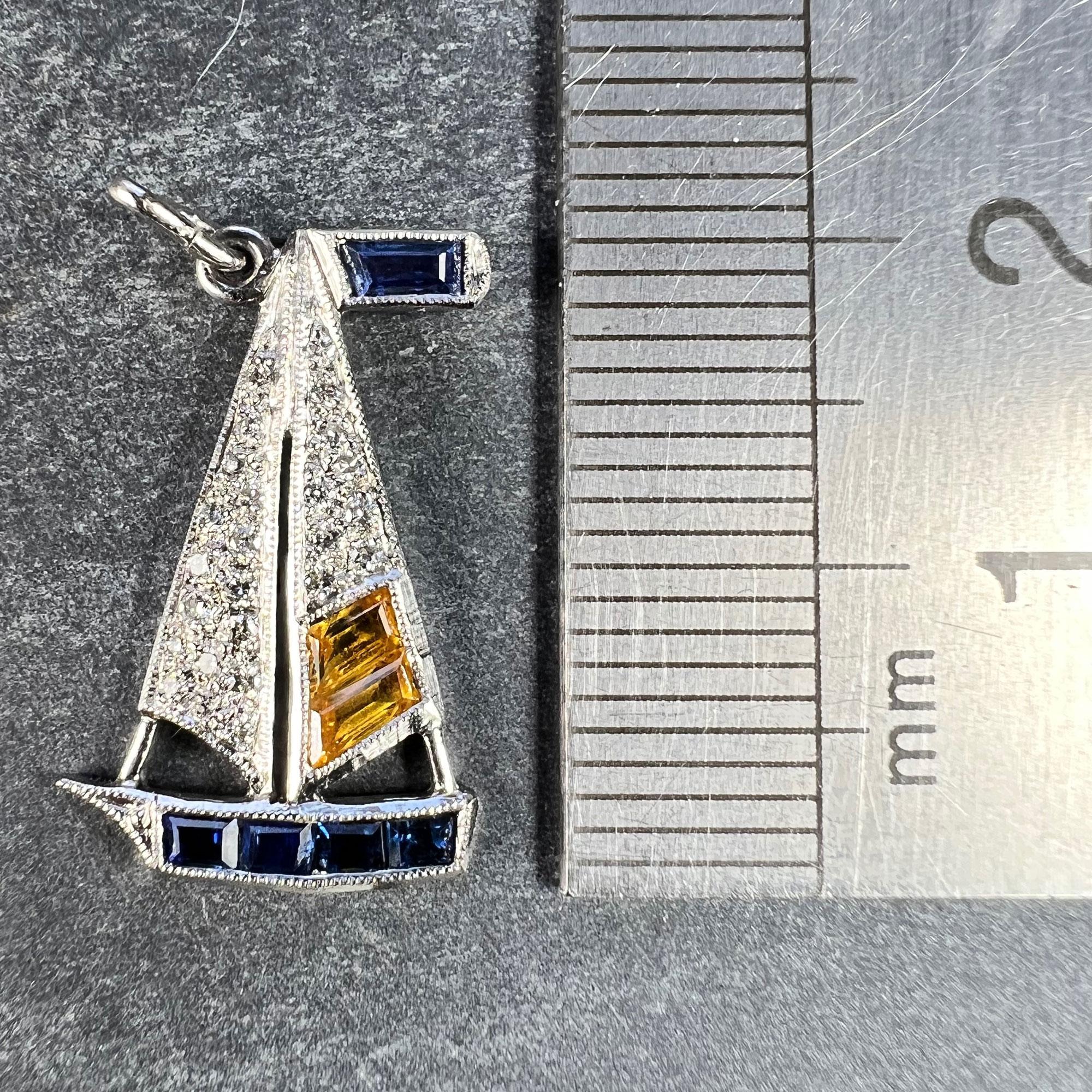 Art Deco Yacht Sailboat Platinum Diamond Sapphire Citrine Charm Pendant For Sale 6