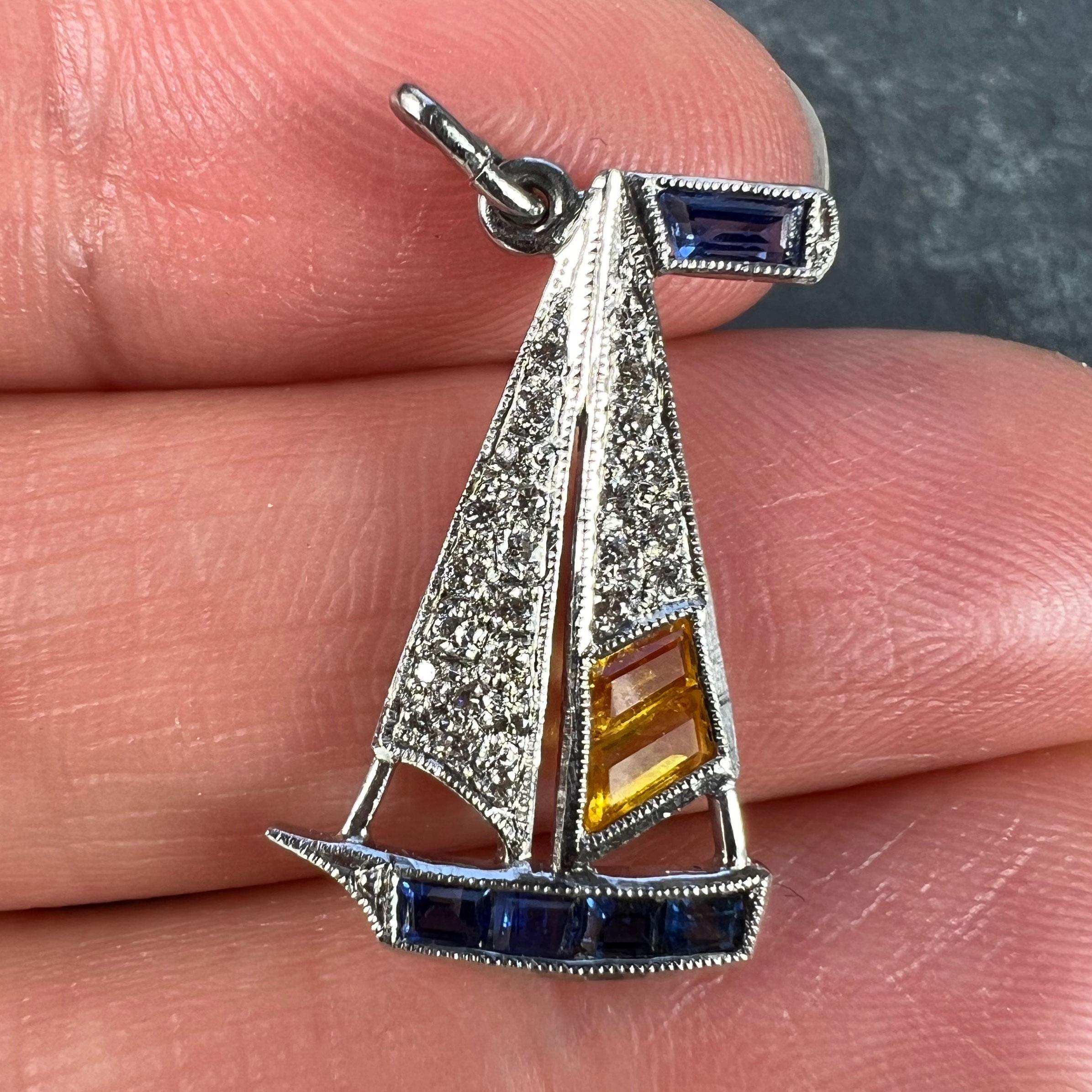 Women's or Men's Art Deco Yacht Sailboat Platinum Diamond Sapphire Citrine Charm Pendant For Sale