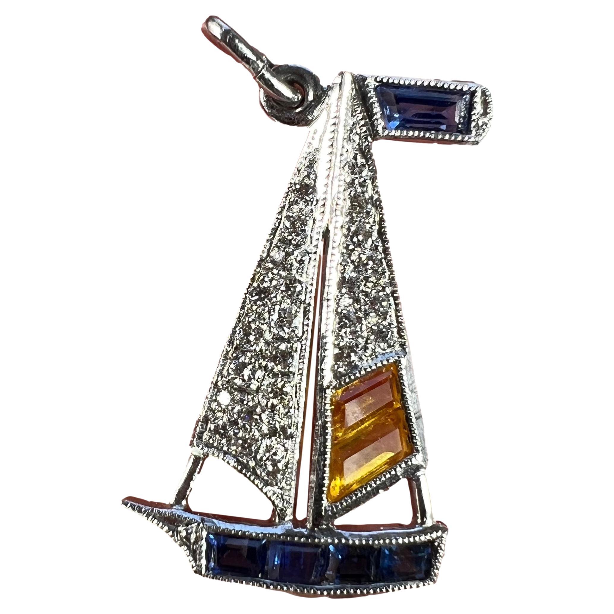 Art Deco Yacht Sailboat Platinum Diamond Sapphire Citrine Charm Pendant