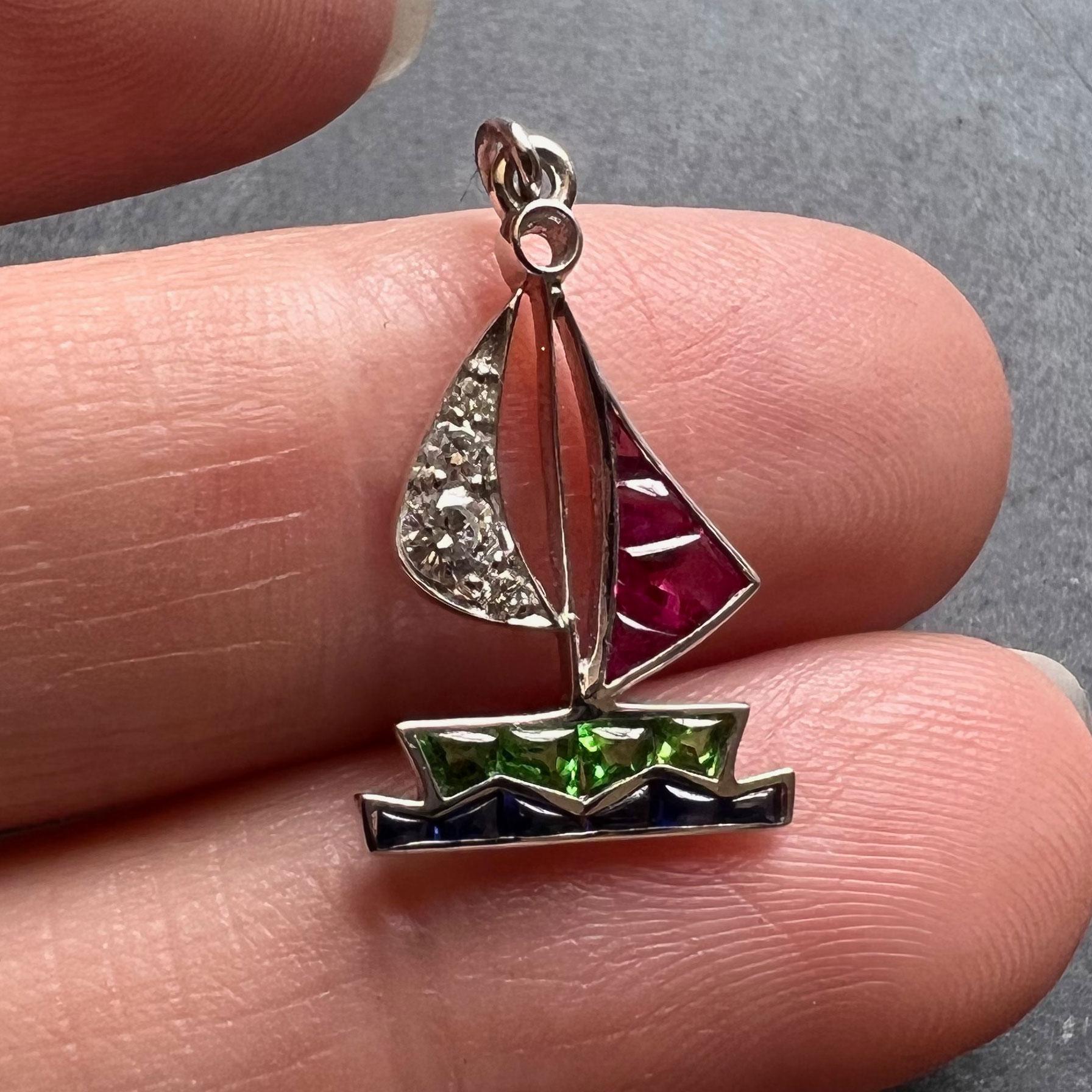 Women's or Men's Art Deco Yacht Sailboat Platinum Diamond Sapphire Ruby Peridot Charm Pendant For Sale