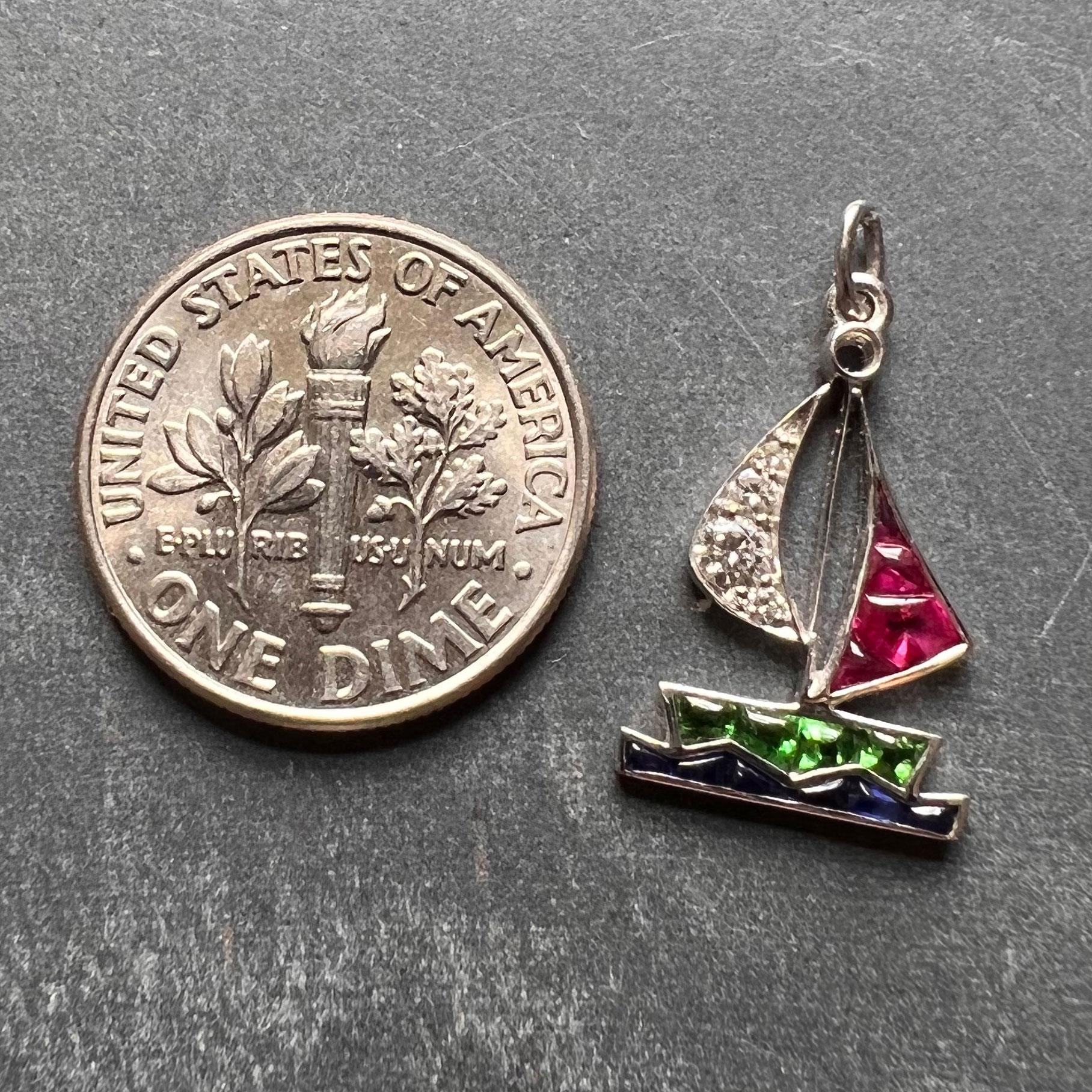 Art Deco Yacht Sailboat Platinum Diamond Sapphire Ruby Peridot Charm Pendant For Sale 1