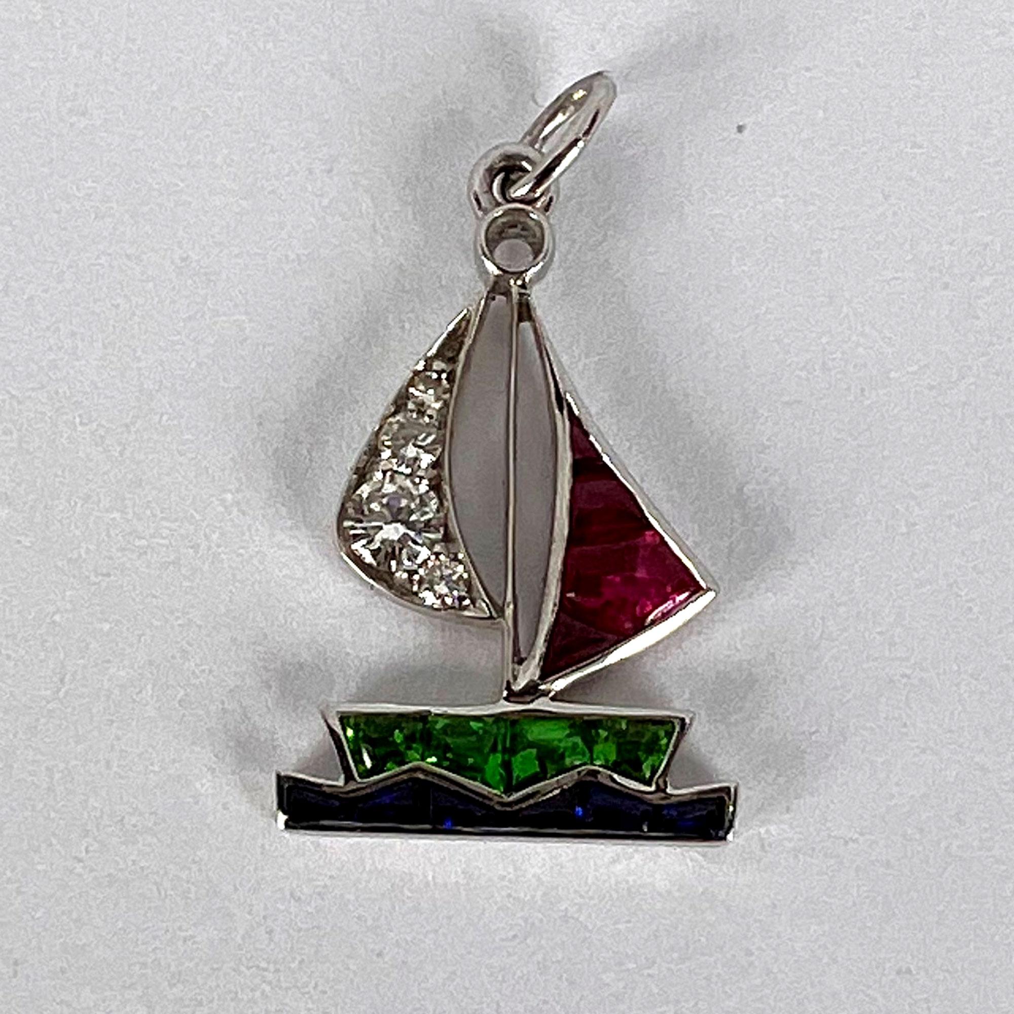 Art Deco Yacht Sailboat Platinum Diamond Sapphire Ruby Peridot Charm Pendant For Sale 3