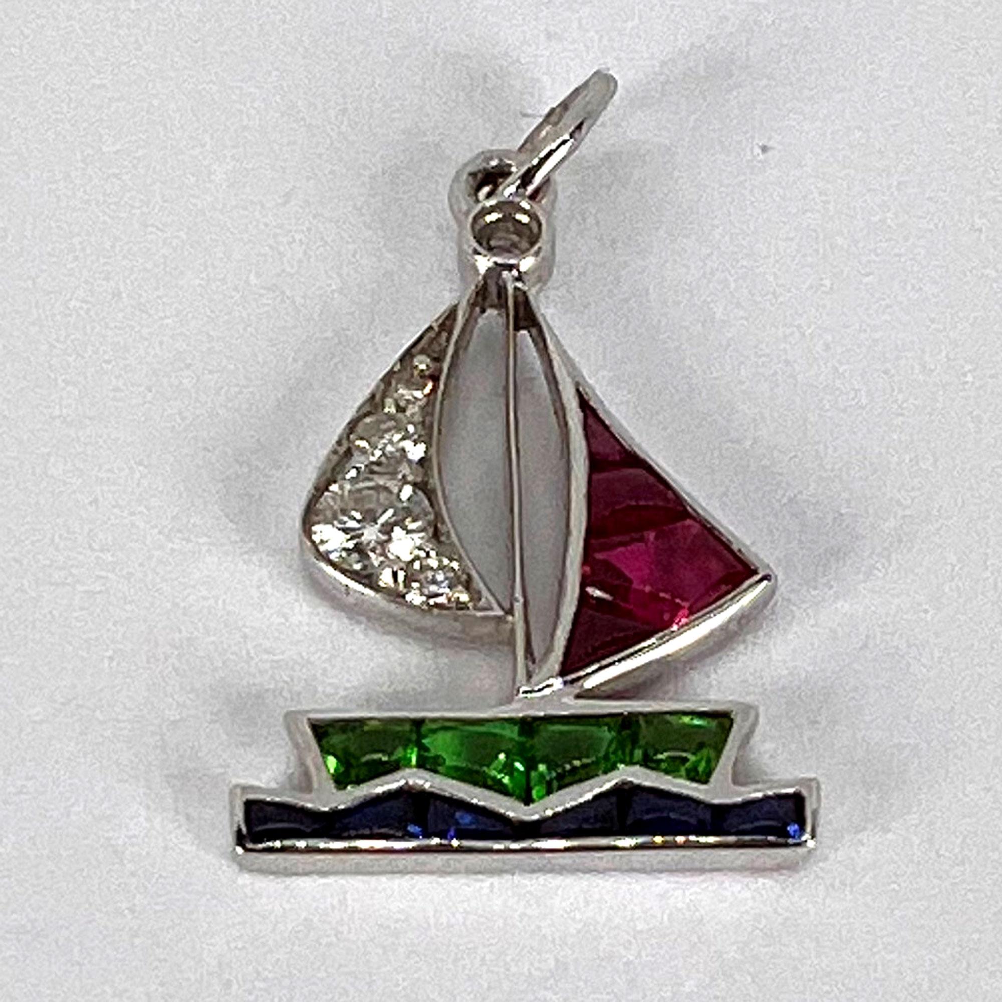Art Deco Yacht Sailboat Platinum Diamond Sapphire Ruby Peridot Charm Pendant For Sale 4