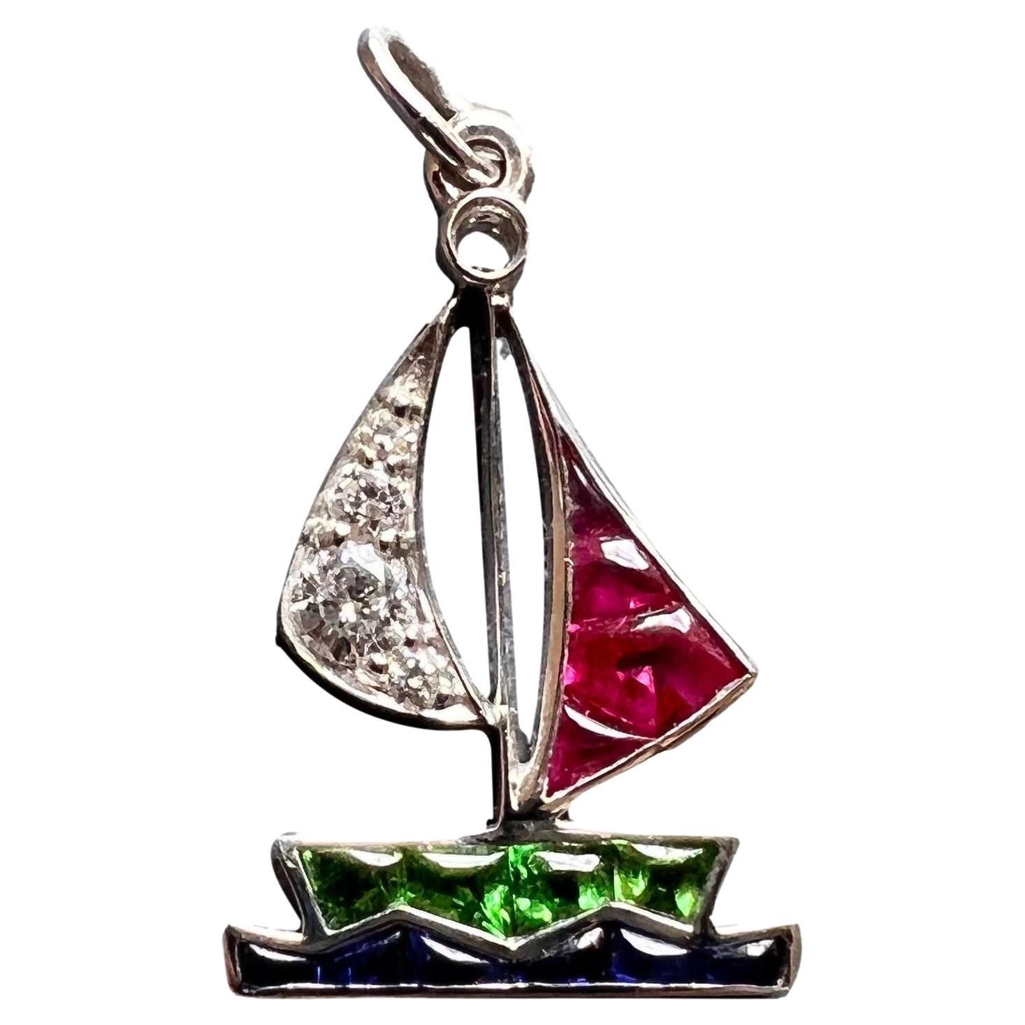 Art Deco Yacht Sailboat Platinum Diamond Sapphire Ruby Peridot Charm Pendant For Sale
