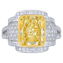 Art Deco Yellow 3.87 Carat Certified Diamond Cocktail Ring in Platinum
