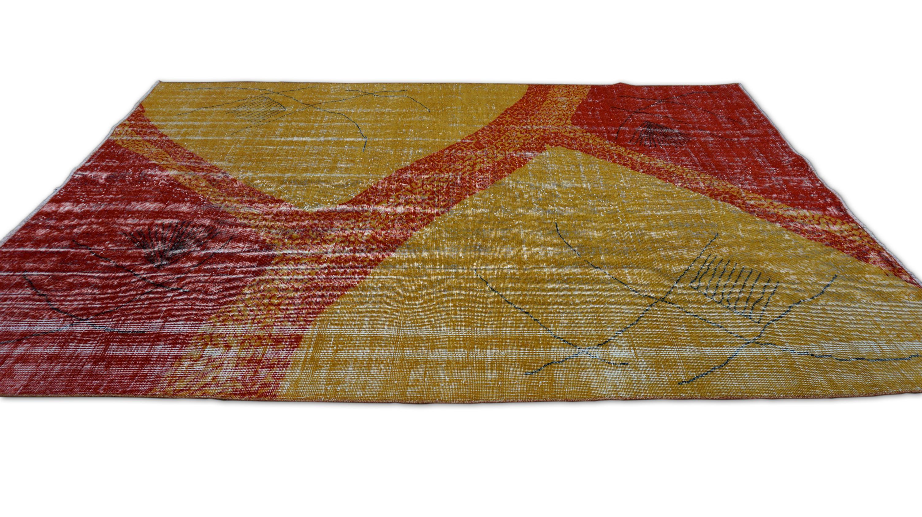 Art déco Tapis Art Déco jaune et rouge à motif abstrait 5'6''x7'9'' en vente