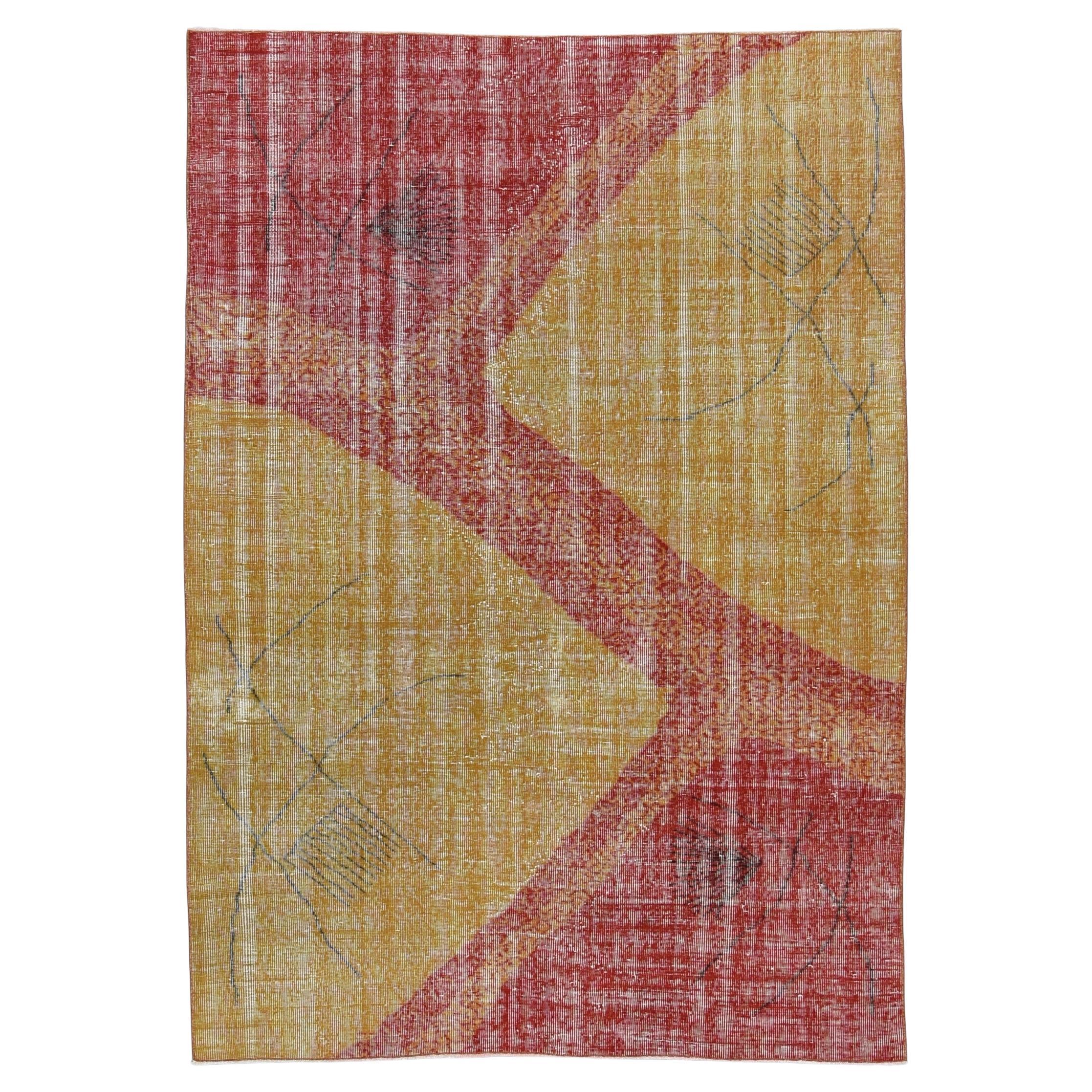 Art Deco Yellow and Red Abstract Designed Wool Rug 5'6''x7'9''
