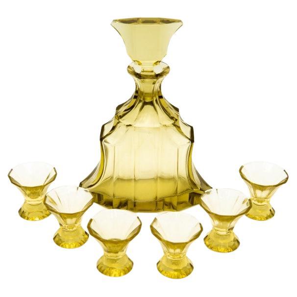 Art Deco yellow crystal decanter liqueur set, Czech Republic, 1930s. For Sale