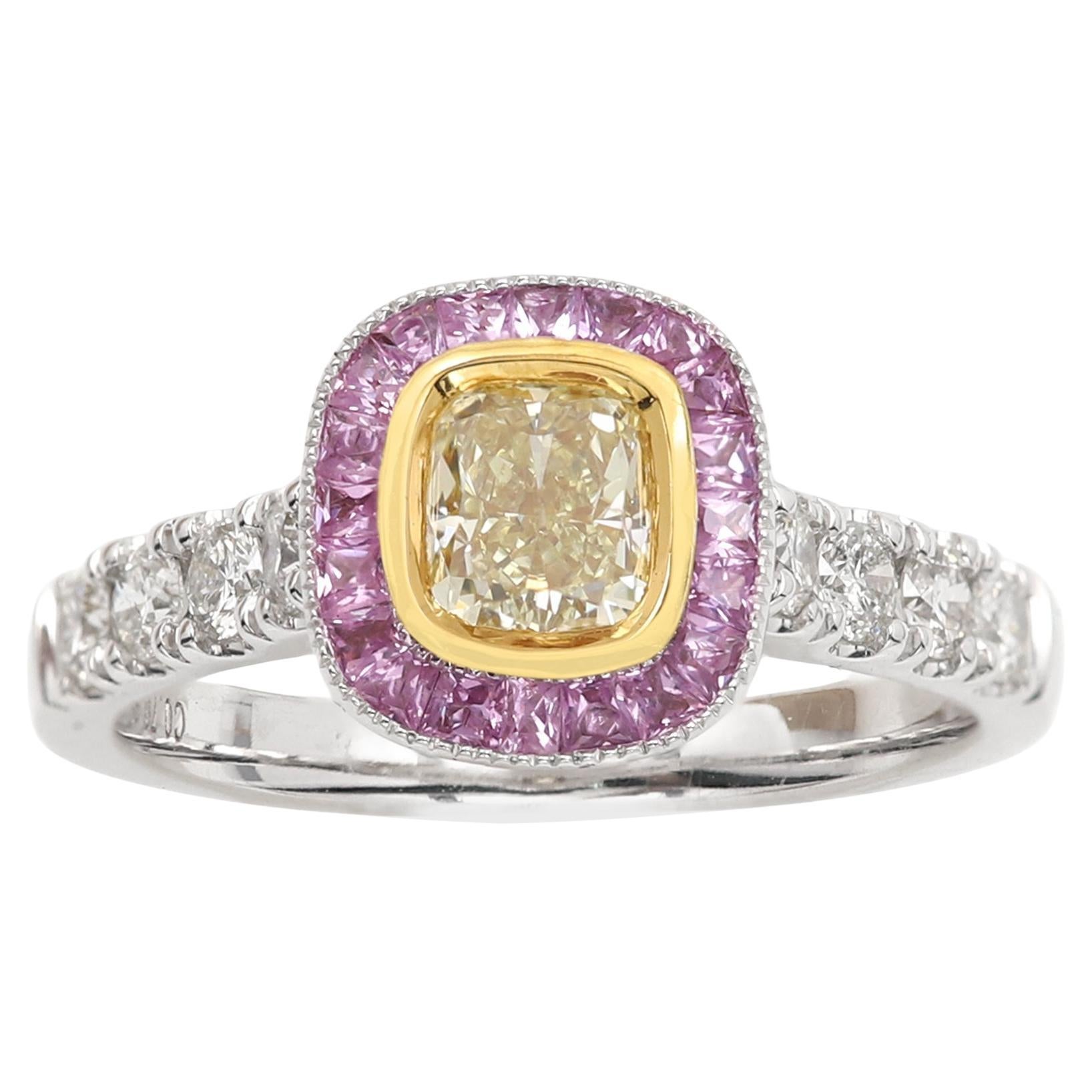 Anello con diamante giallo naturale e zaffiro rosa in oro bianco 18 carati Art of Vintage