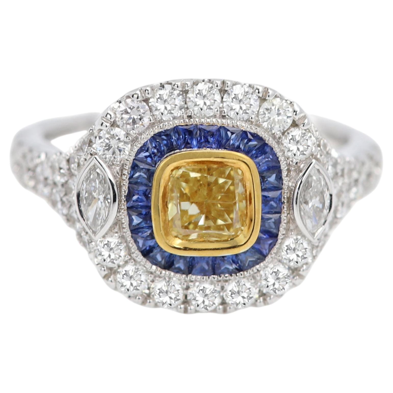 Art Deco Yellow Diamond Ring 18K Gold Cocktail with Blue Sapphire (#28)