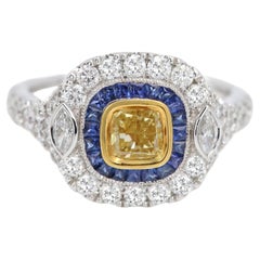 Anillo Art Déco de diamantes amarillos Cóctel de oro de 18 quilates con zafiro azul (#28)