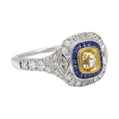 Art Deco Yellow Diamond Ring 18K Gold Cocktail with Blue Sapphire(#25)