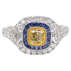 Anello Art Deco con diamante giallo e zaffiro blu in oro 18 carati(#25)