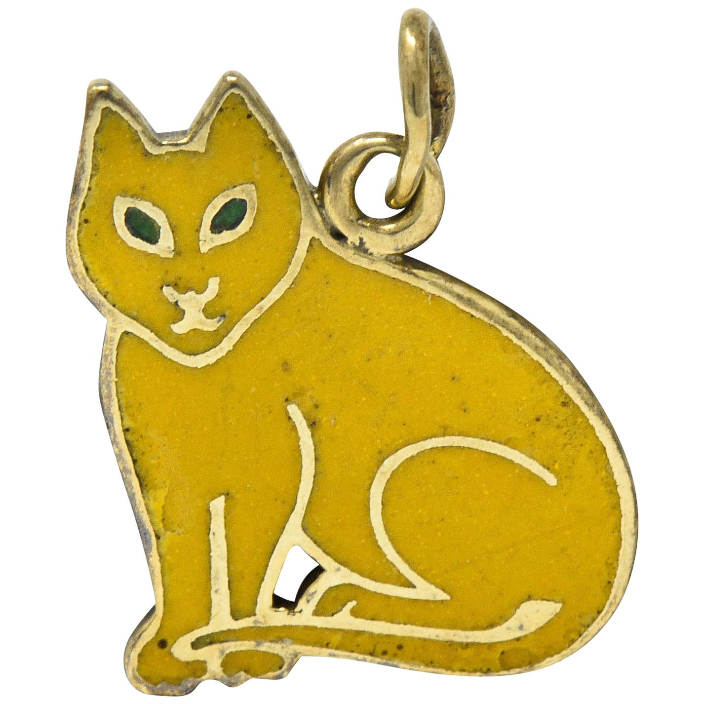 Art Deco Yellow Enamel 14 Karat Gold Cat Charm