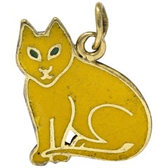 Vintage Art Deco Yellow Enamel 14 Karat Gold Cat Charm