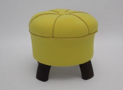 Art Deco Yellow Fabric Beech Pouf Stool Tabouret Austria 1930s