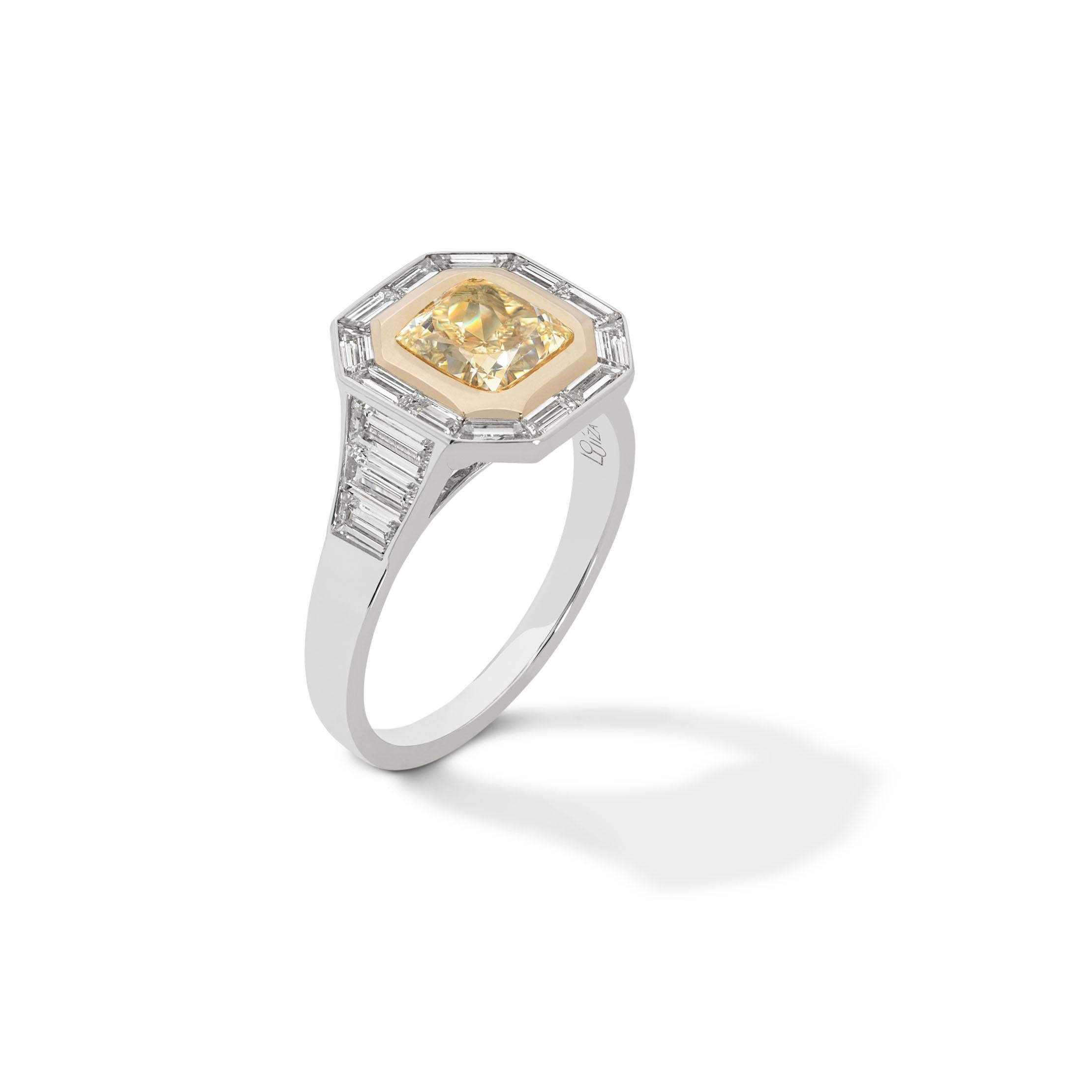 For Sale:  Art Deco Yellow Fancy Diamond 2ct. with Side Baguettes 1.4 ct.  2