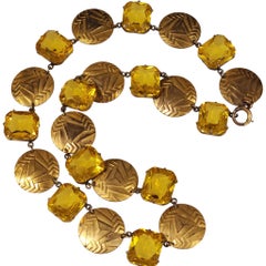 Art Deco Yellow Glass and Brass Geometric Link Necklace, 1930s
