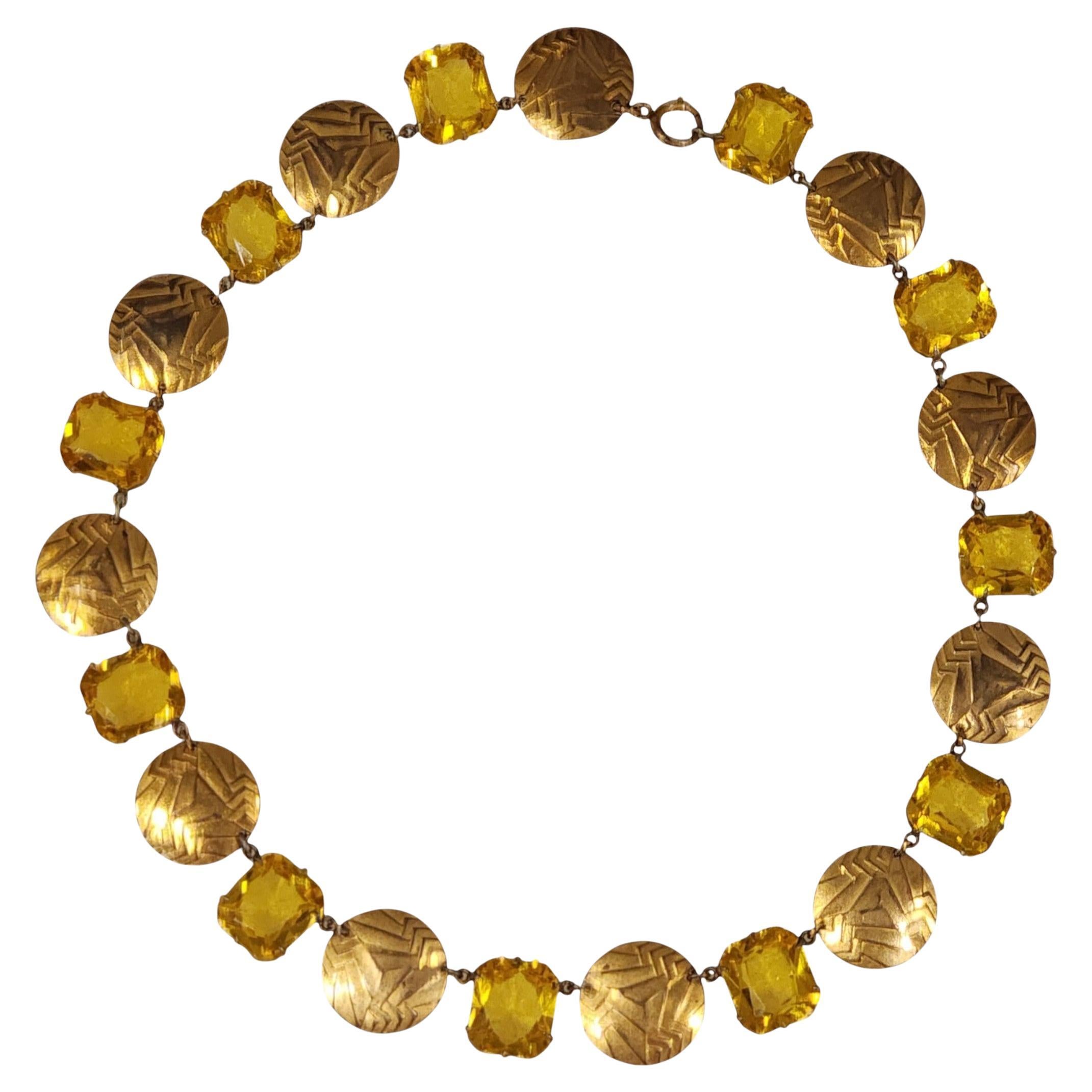 Art Deco Yellow Glass and Brass Geometric Link Necklace, 1930s en vente
