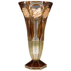 Art Deco Yellow Glaze Glass Vase Medallions Lion Bull Bird