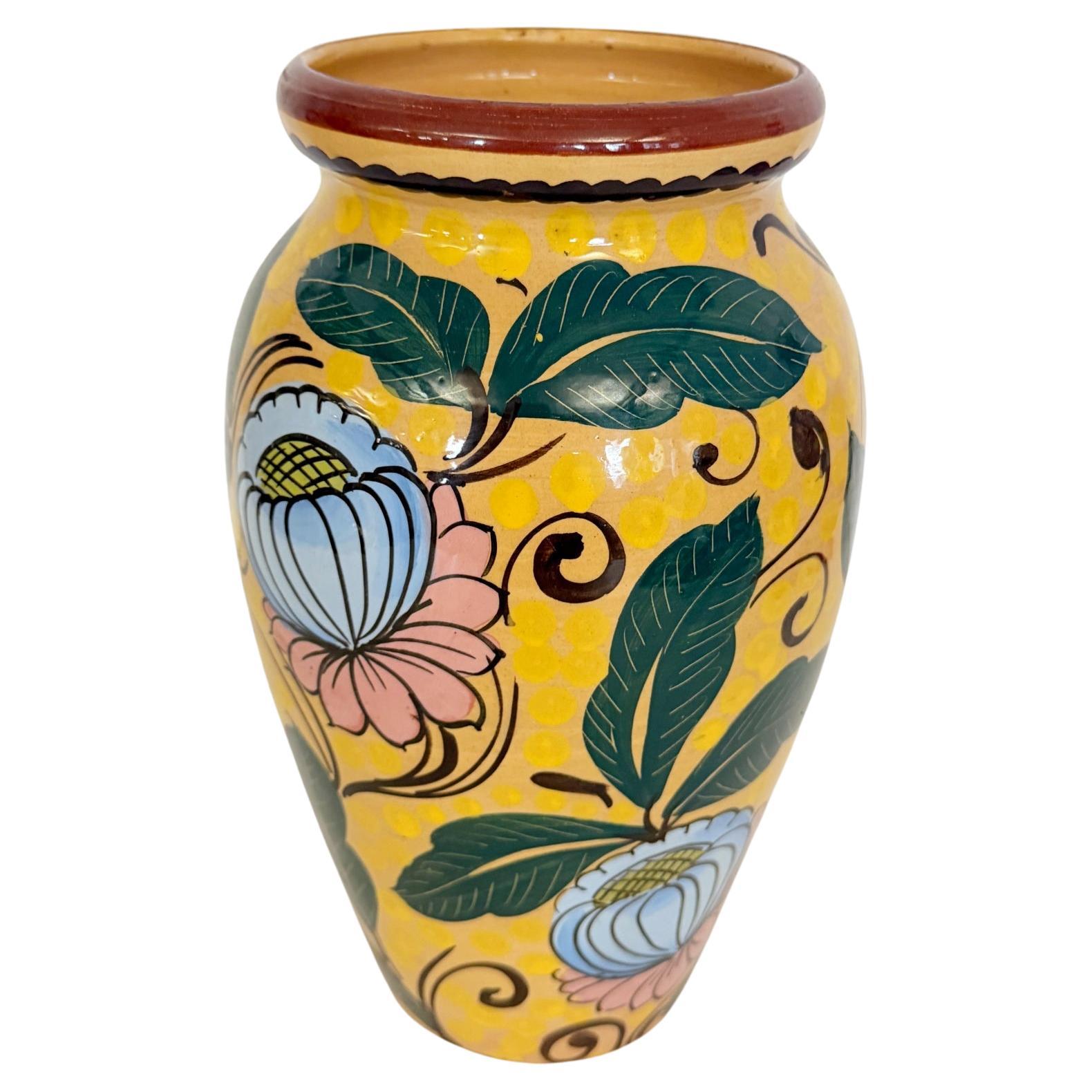Art Deco Yellow Glazed Earthenware Vase with Futurist Floral Motifs, Italy