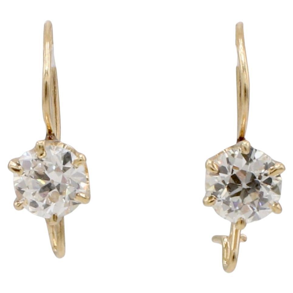 Boucles d'oreilles art déco en or jaune 1.10 carat Nature Old European Cut Wire Drop Earrings en vente