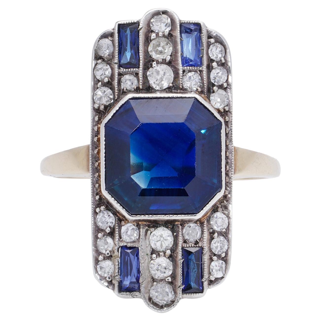 Art Deco yellow gold and silver sapphire diamond cluster plaque ring